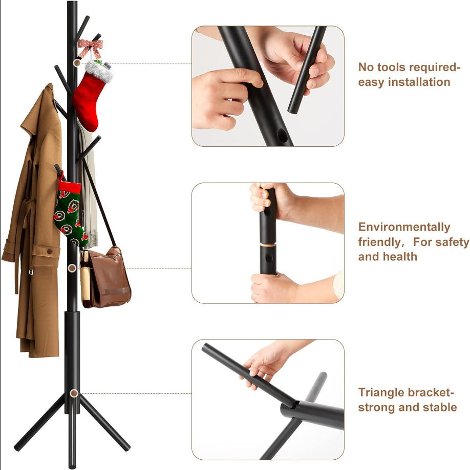 Bamboo Coat Rack Freestanding Adjustable Coat Tree with 3 Sections & 8 Hooks Easy to Assemble Coat Hanger Stand for Bedroom Office Hallway Entryway Bedroom Natural Wooden Black Coat Rack