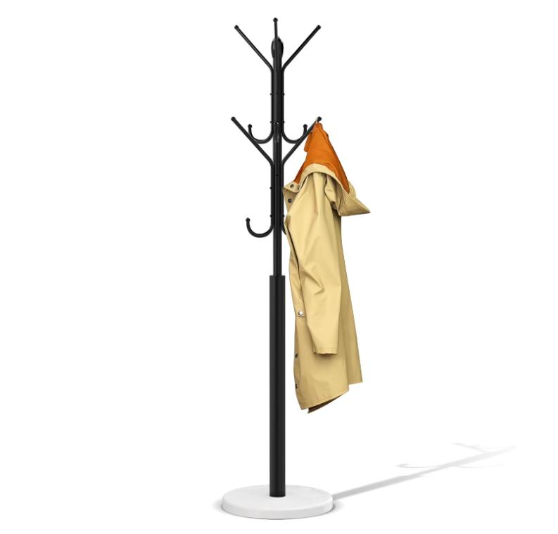 Coat Racks Free Standing,Metal Sturdy Coat Rack with 12 Storages,Coat Tree with Natural Marble Base,For Hanging Coat Bags Hats Umbrella,For Entryway Bedroom Office