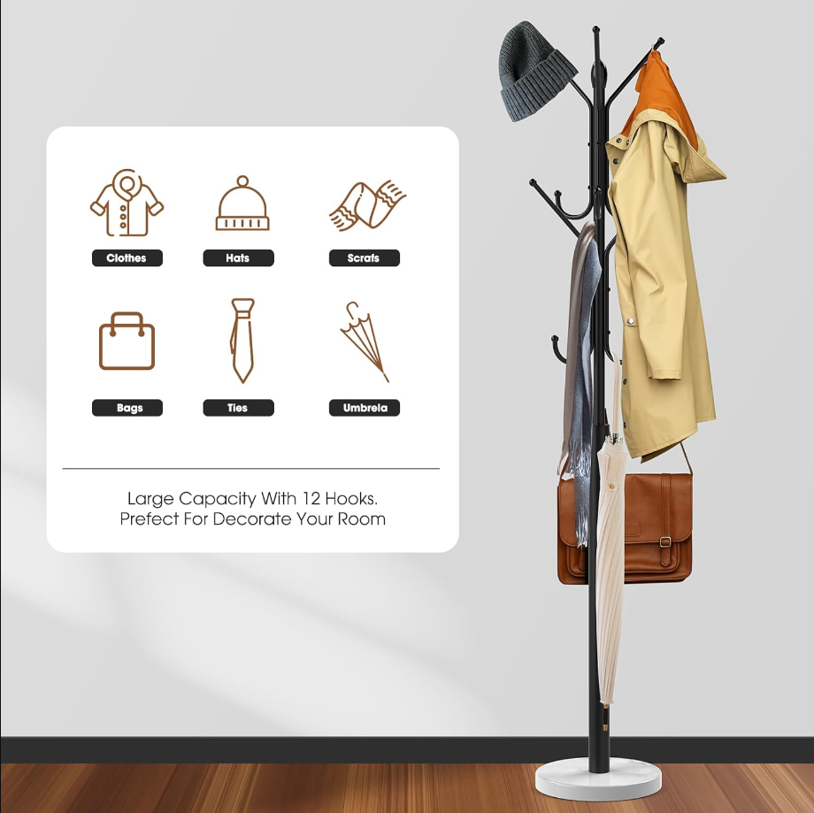 Coat Racks Free Standing,Metal Sturdy Coat Rack with 12 Storages,Coat Tree with Natural Marble Base,For Hanging Coat Bags Hats Umbrella,For Entryway Bedroom Office