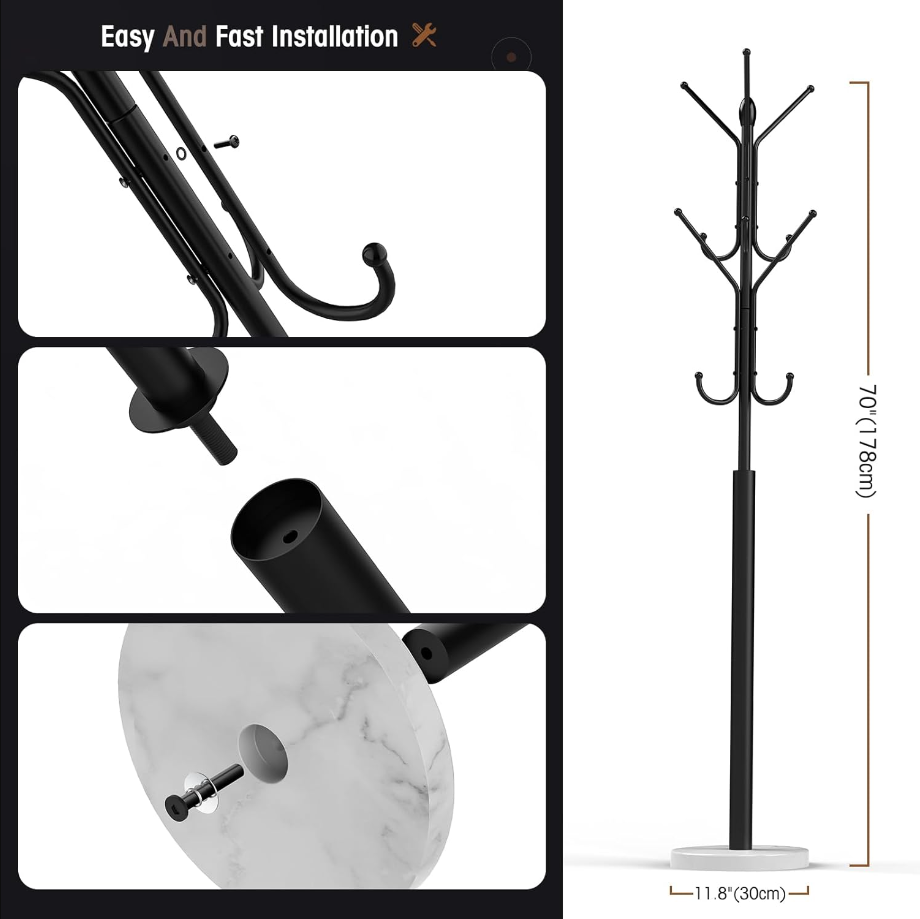Coat Racks Free Standing,Metal Sturdy Coat Rack with 12 Storages,Coat Tree with Natural Marble Base,For Hanging Coat Bags Hats Umbrella,For Entryway Bedroom Office