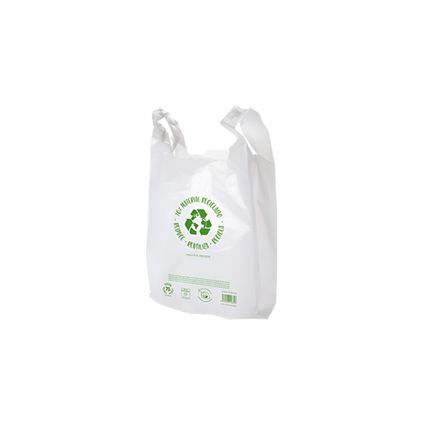 Bolsa camiseta plástico 70% reciclado 30x40 cm. Paquetes 1Kg.