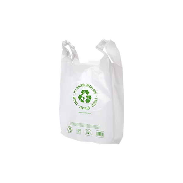 Bolsa camiseta plástico 70% reciclado 35x50 cm. Paquetes 1Kg.