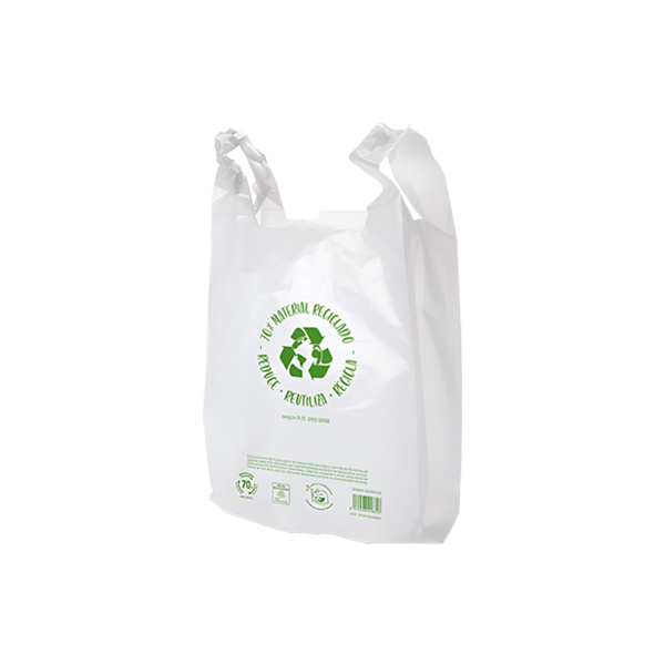 Bolsa camiseta plástico 70% reciclado 42x52 cm. Paquetes 1Kg.