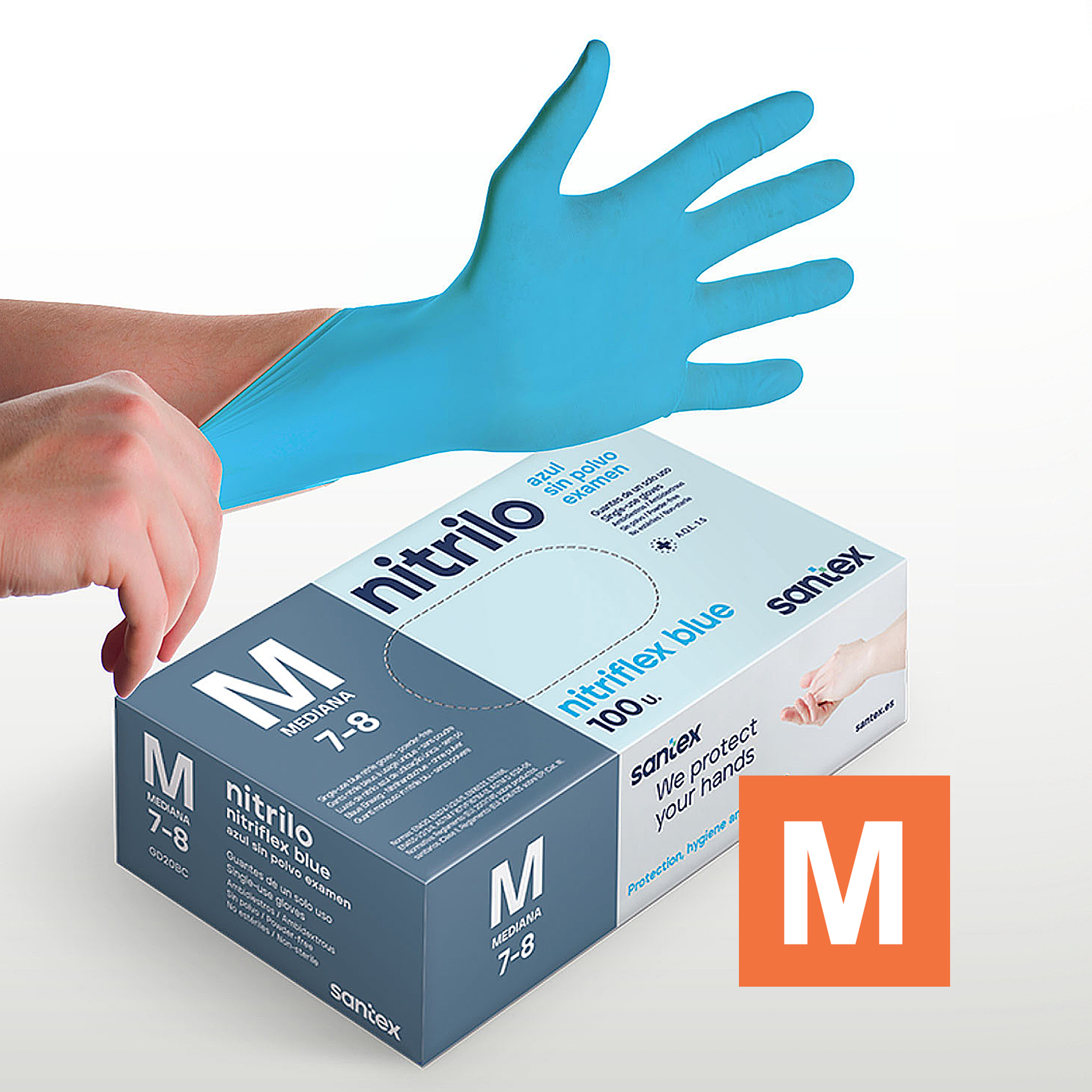 Guantes de Nitrilo sin polvo Nitriflex Blue Santex - Talla XS, S, M, L, XL ( CAJA DE 100 UNIDADES )