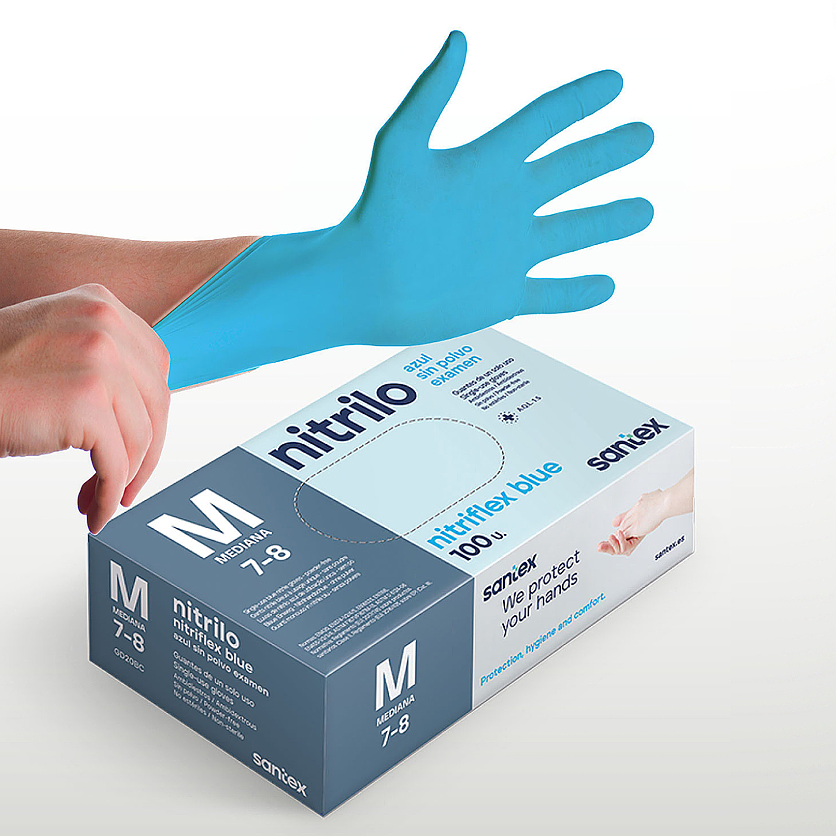 Guantes de Nitrilo sin polvo Nitriflex Blue Santex - Talla XS, S, M, L, XL ( CAJA DE 100 UNIDADES )