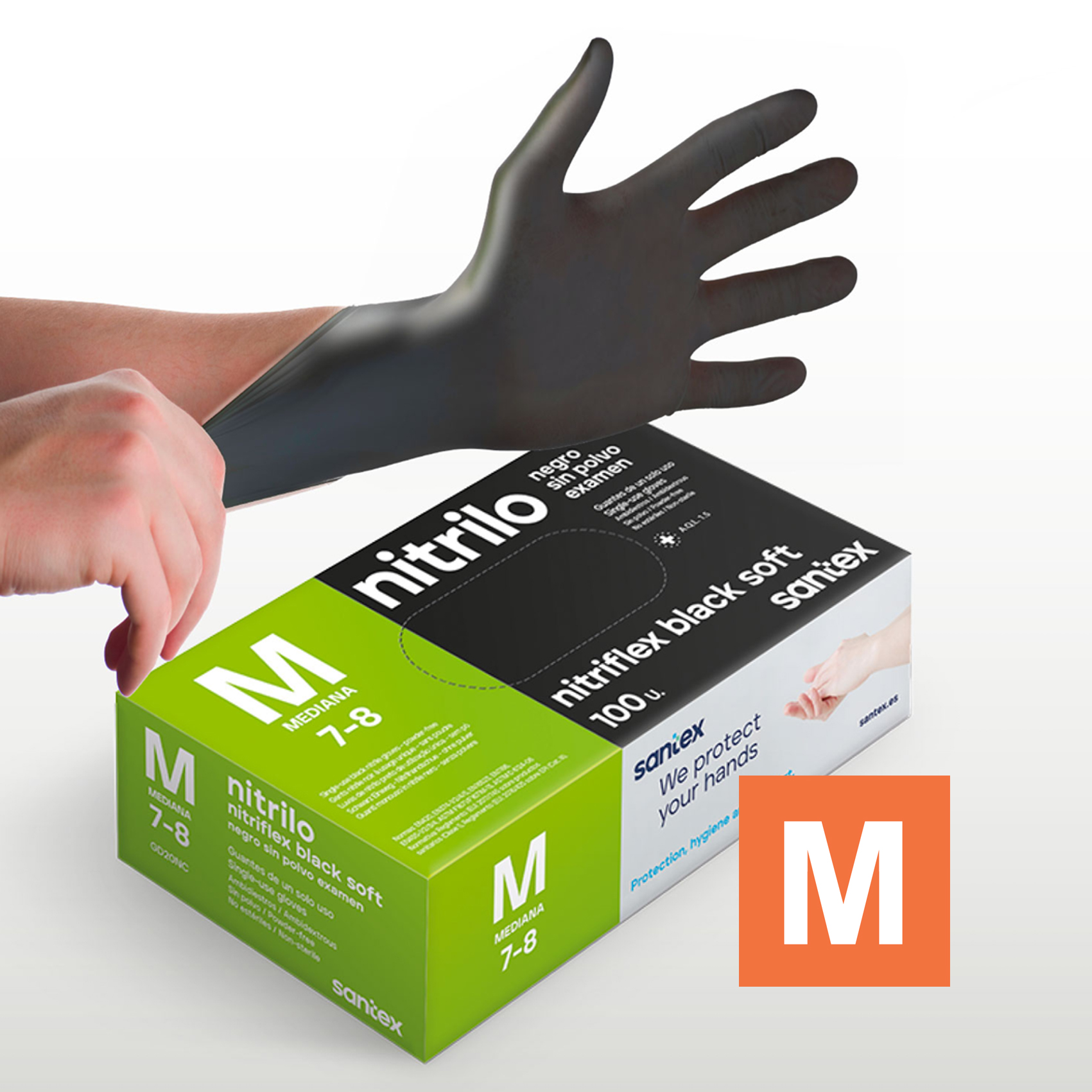 Guantes de Nitrilo sin polvo Nitriflex Black Soft Santex - Talla XS, S, M, L, XL ( CAJA DE 100 UNIDADES)