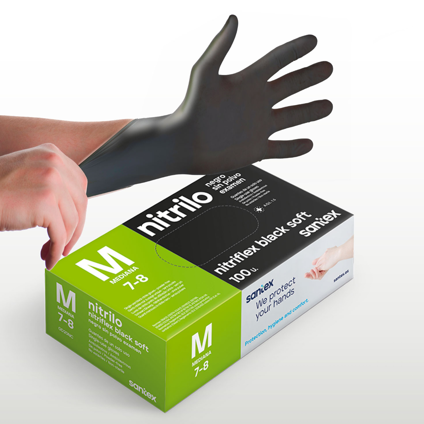 Guantes de Nitrilo sin polvo Nitriflex Black Soft Santex - Talla XS, S, M, L, XL ( CAJA DE 100 UNIDADES)