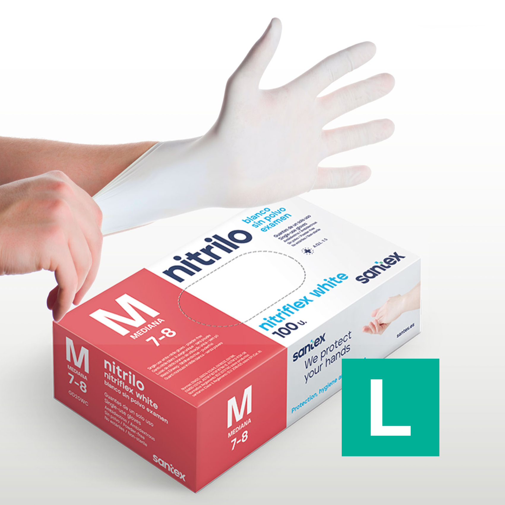 Guantes de Nitrilo sin polvo Nitriflex White Santex - Talla XS, S, M, L, XL ( CAJA DE 100 UNIDADES )