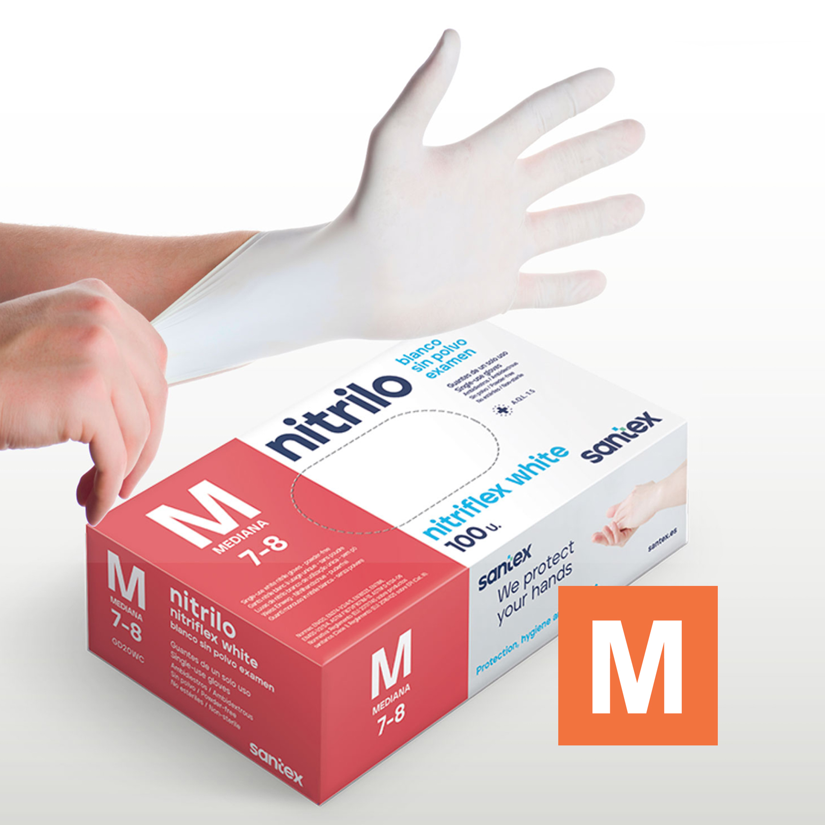 Guantes de Nitrilo sin polvo Nitriflex White Santex - Talla XS, S, M, L, XL ( CAJA DE 100 UNIDADES )