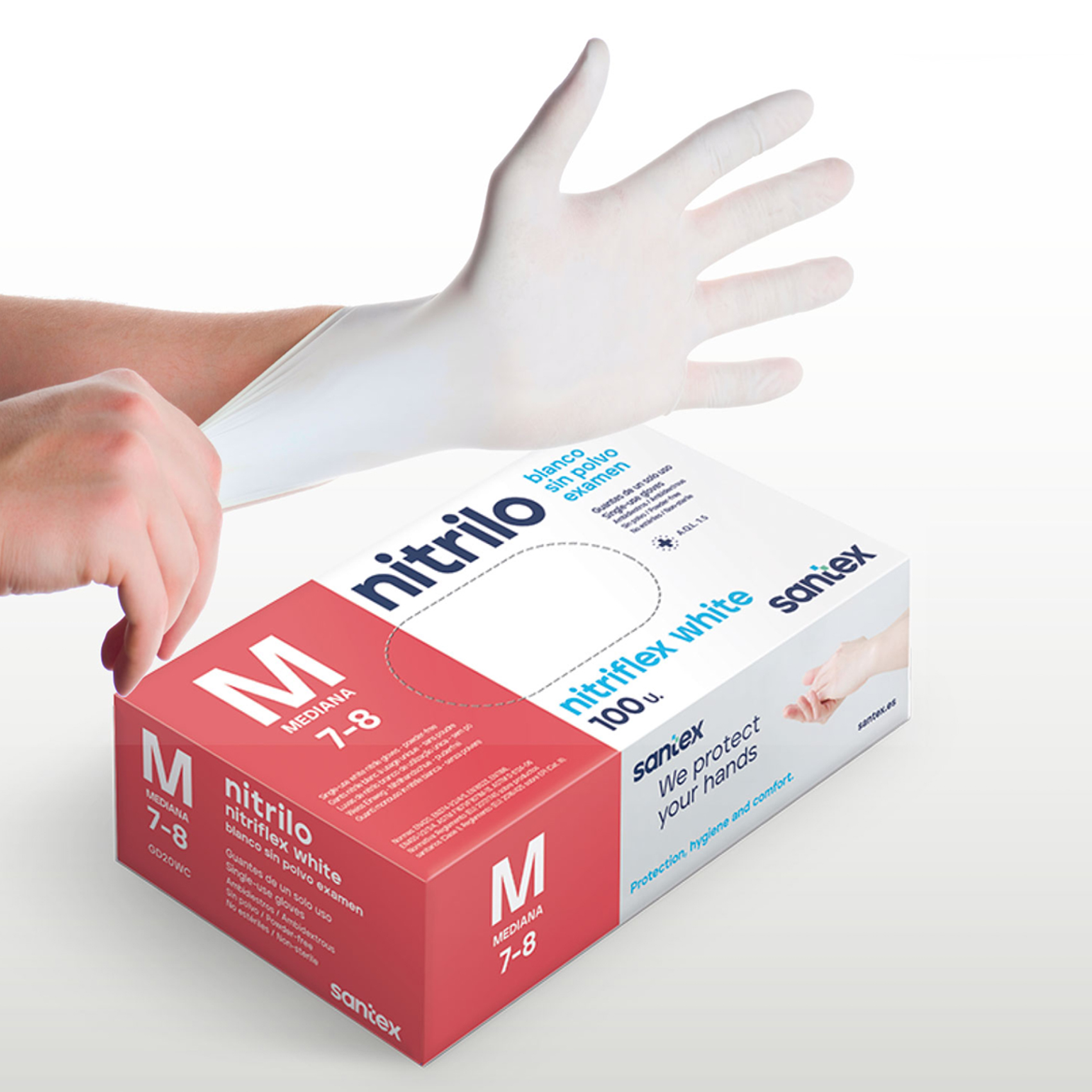 Guantes de Nitrilo sin polvo Nitriflex White Santex - Talla XS, S, M, L, XL ( CAJA DE 100 UNIDADES )