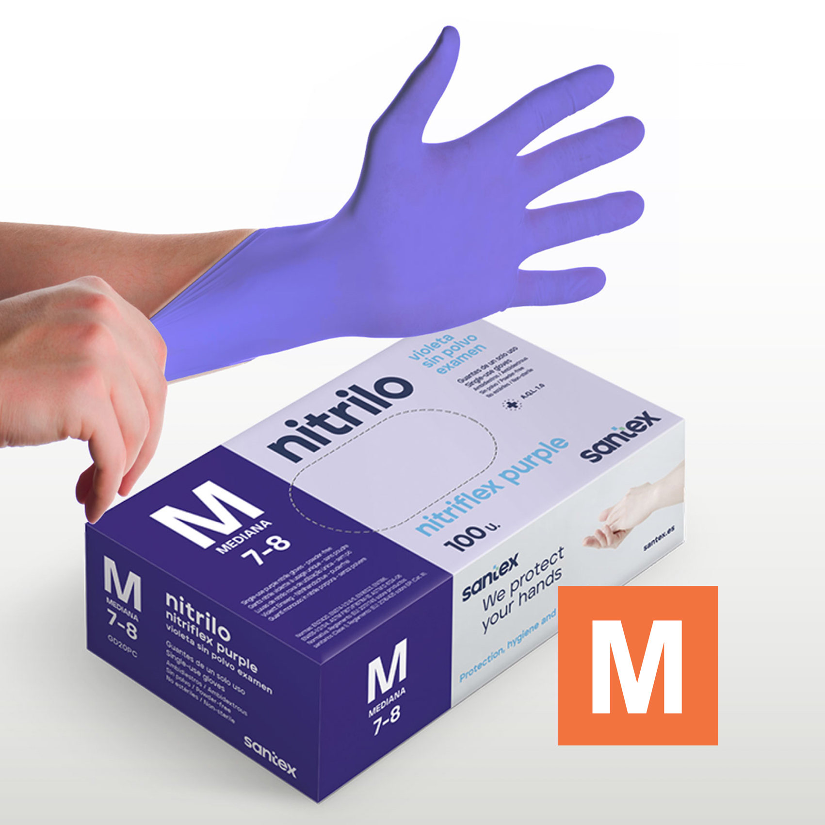 Guantes de Nitrilo sin polvo Nitriflex Purple Santex - Talla XS, S, M, L, XL CAJADE 100 UNIDADES )