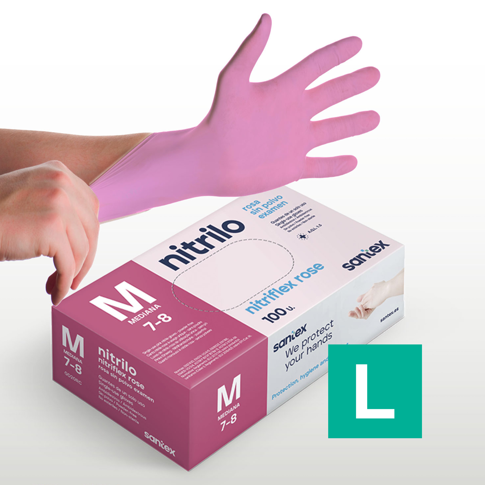 Guantes de Nitrilo sin polvo Nitriflex Rose Santex - Talla XS, S, M, L, XL ( CAJA DE 100 UNIDADES )