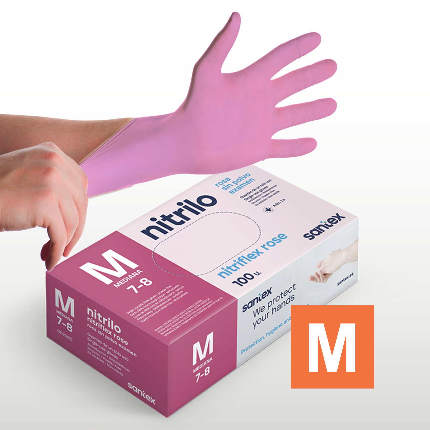 Guantes de Nitrilo sin polvo Nitriflex Rose Santex - Talla XS, S, M, L, XL ( CAJA DE 100 UNIDADES )