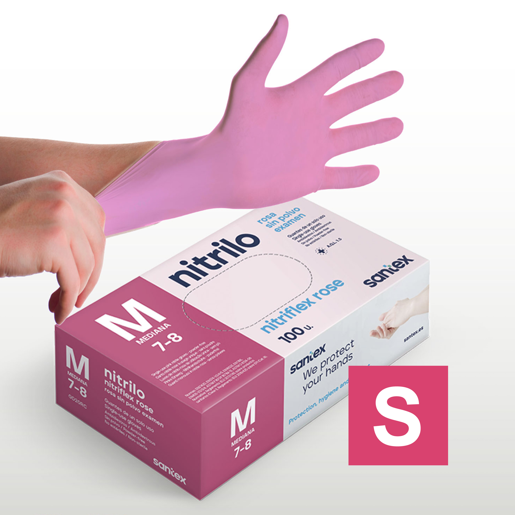 Guantes de Nitrilo sin polvo Nitriflex Rose Santex - Talla XS, S, M, L, XL ( CAJA DE 100 UNIDADES )