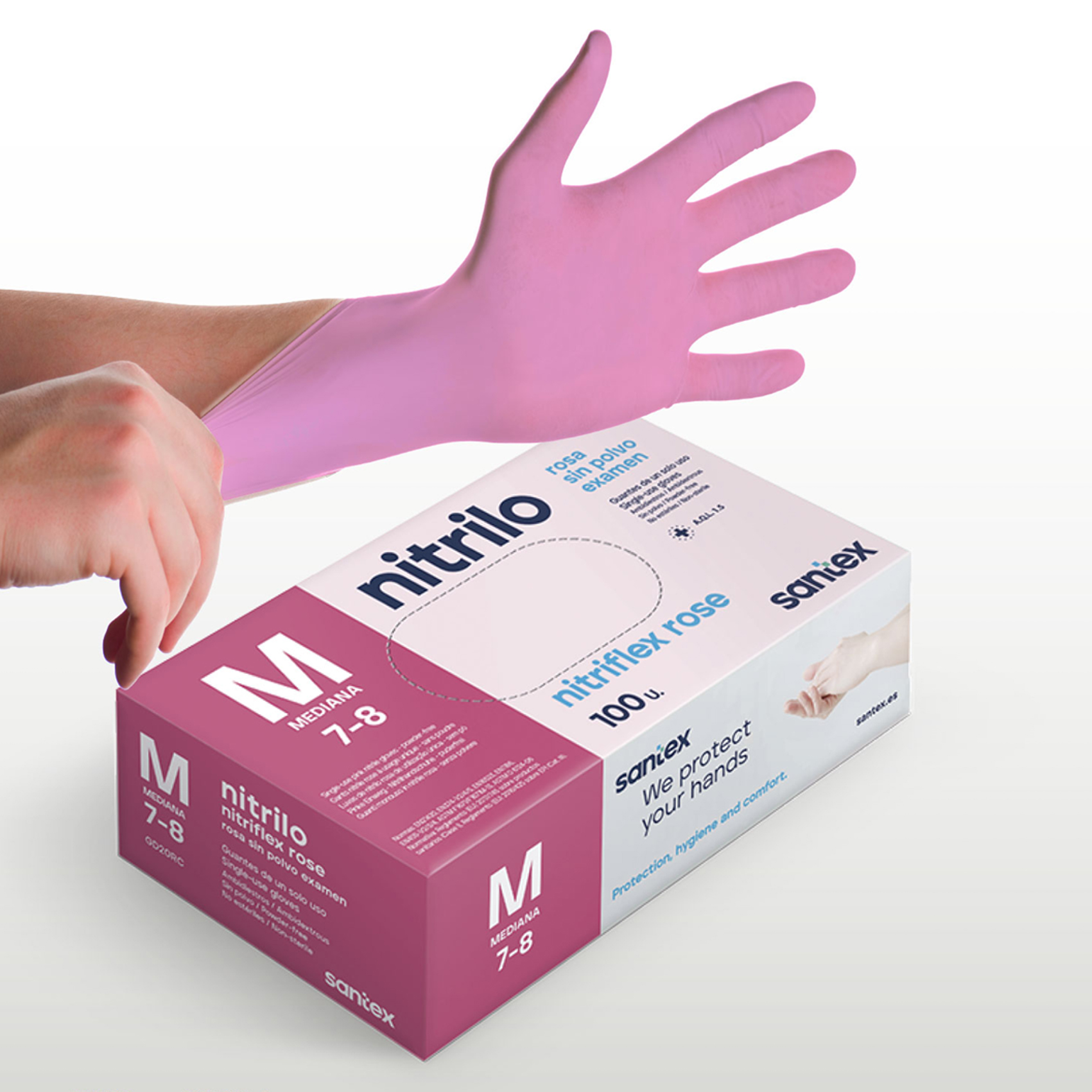 Guantes de Nitrilo sin polvo Nitriflex Rose Santex - Talla XS, S, M, L, XL ( CAJA DE 100 UNIDADES )
