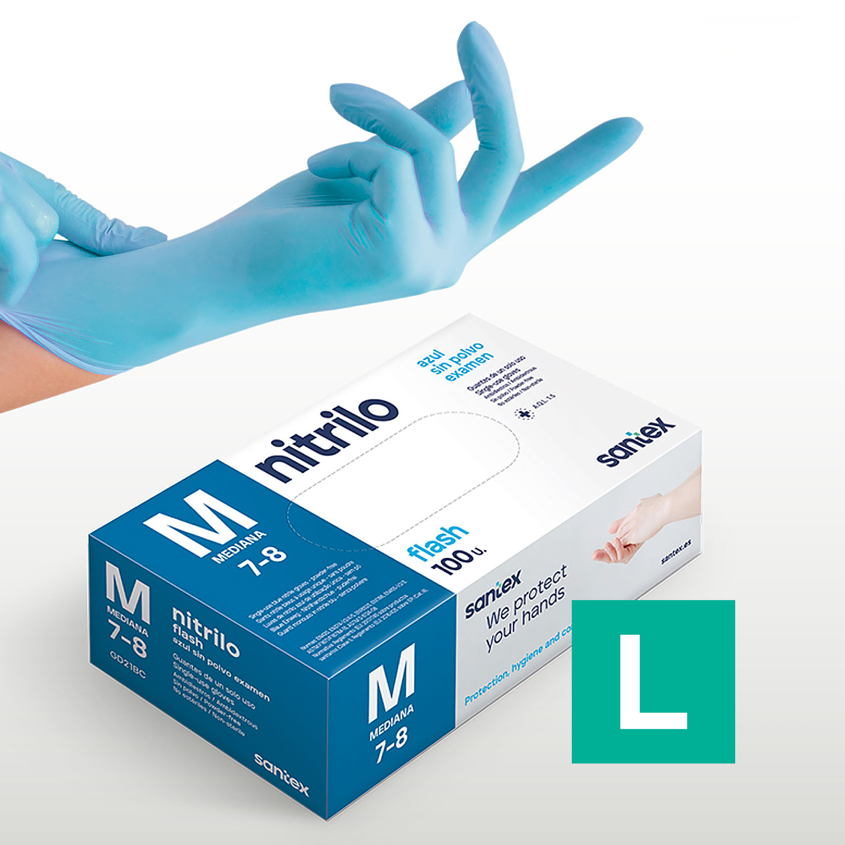 Guantes de Nitrilo sin polvo Flash Blue Santex - Talla S, M, L, XL ( CAJA DE 100 UNIDADES )