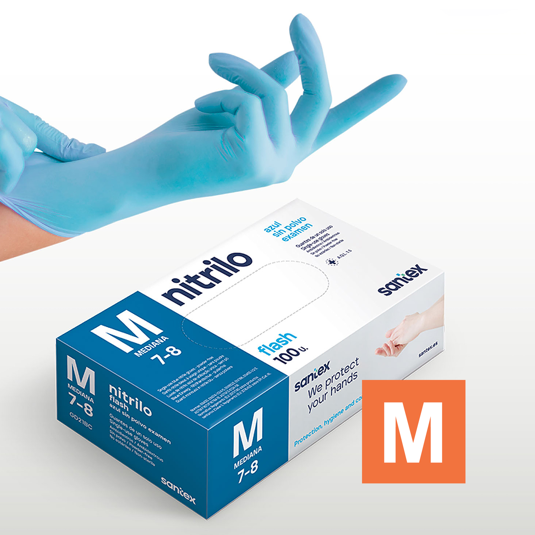 Guantes de Nitrilo sin polvo Flash Blue Santex - Talla S, M, L, XL ( CAJA DE 100 UNIDADES )