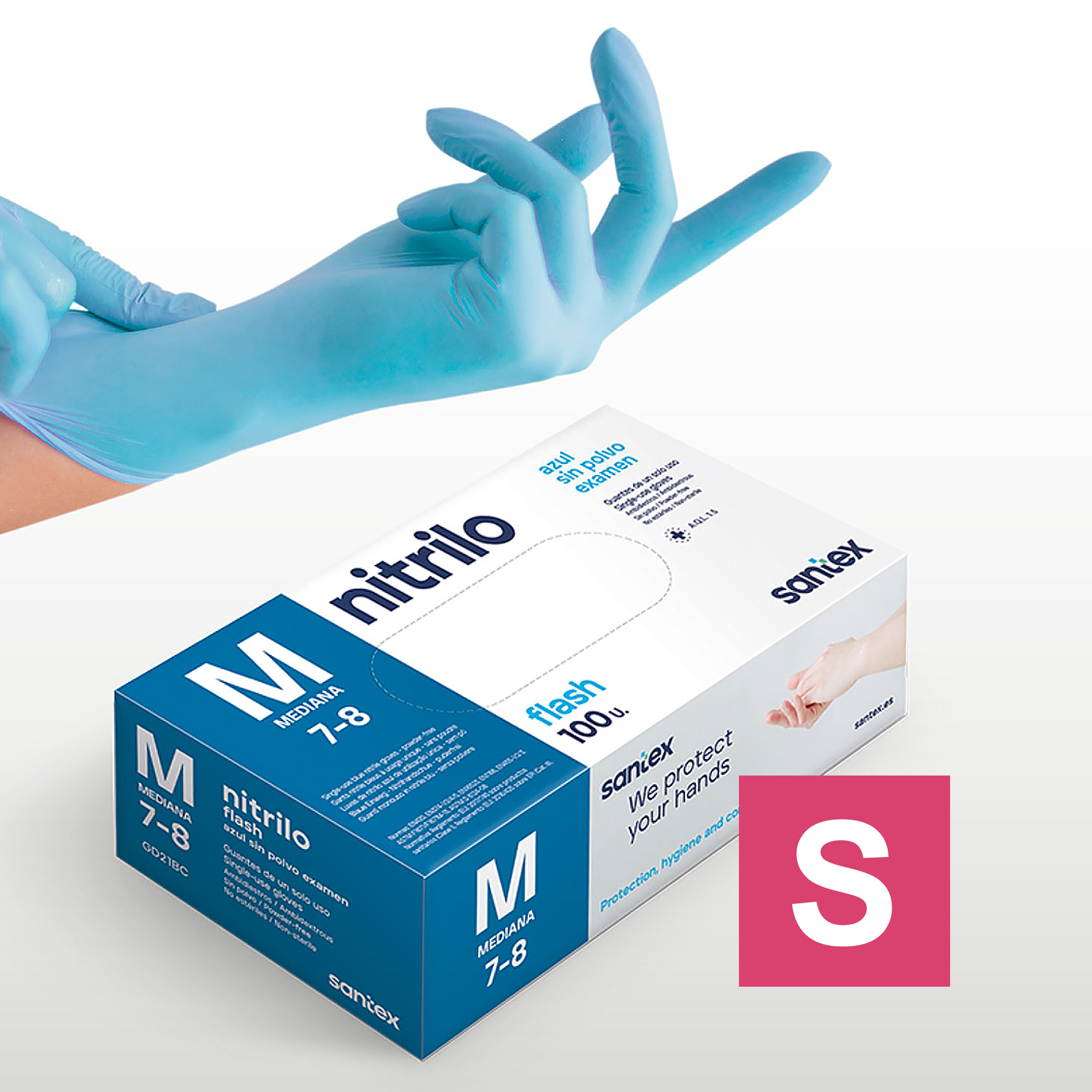 Guantes de Nitrilo sin polvo Flash Blue Santex - Talla S, M, L, XL ( CAJA DE 100 UNIDADES )