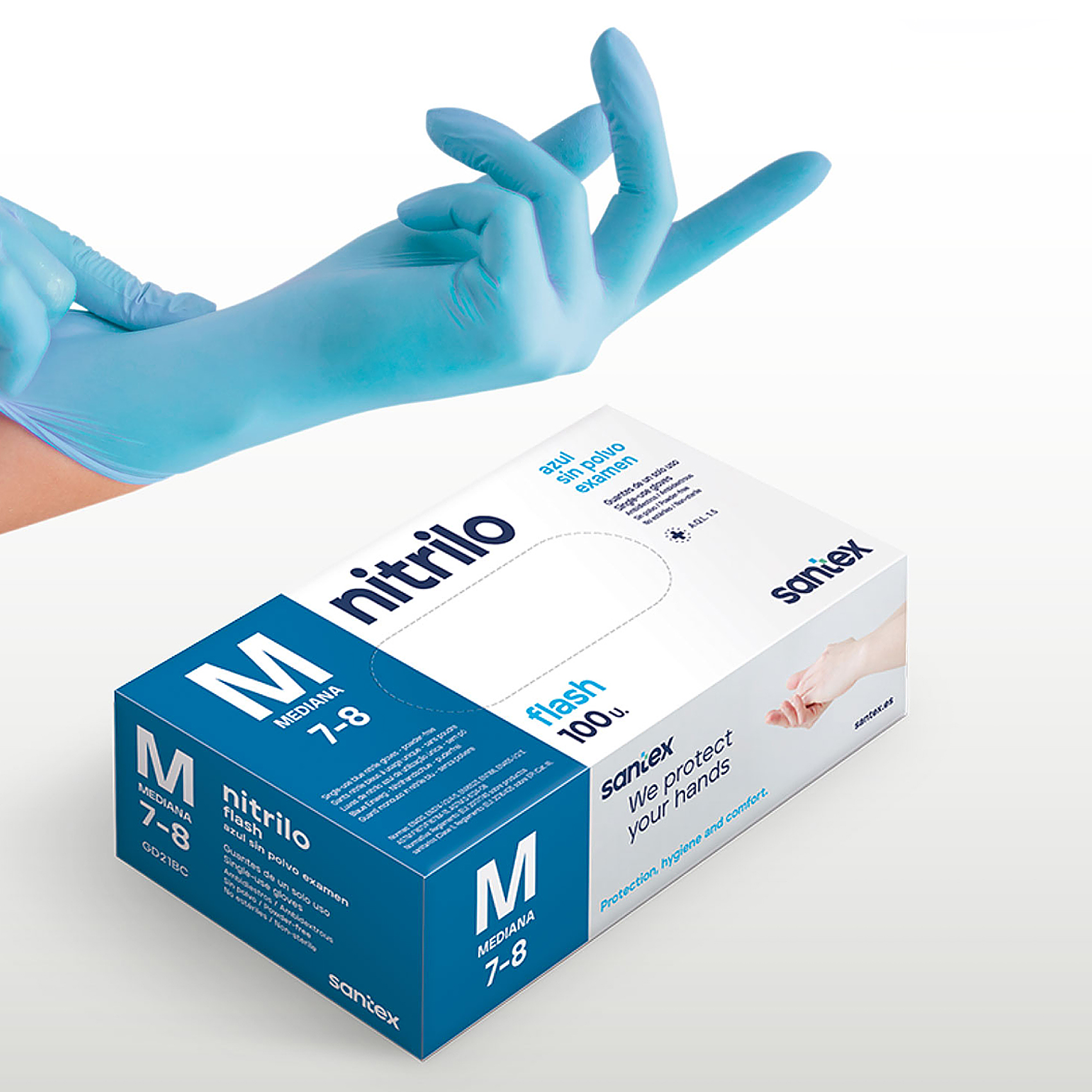 Guantes de Nitrilo sin polvo Flash Blue Santex - Talla S, M, L, XL ( CAJA DE 100 UNIDADES )