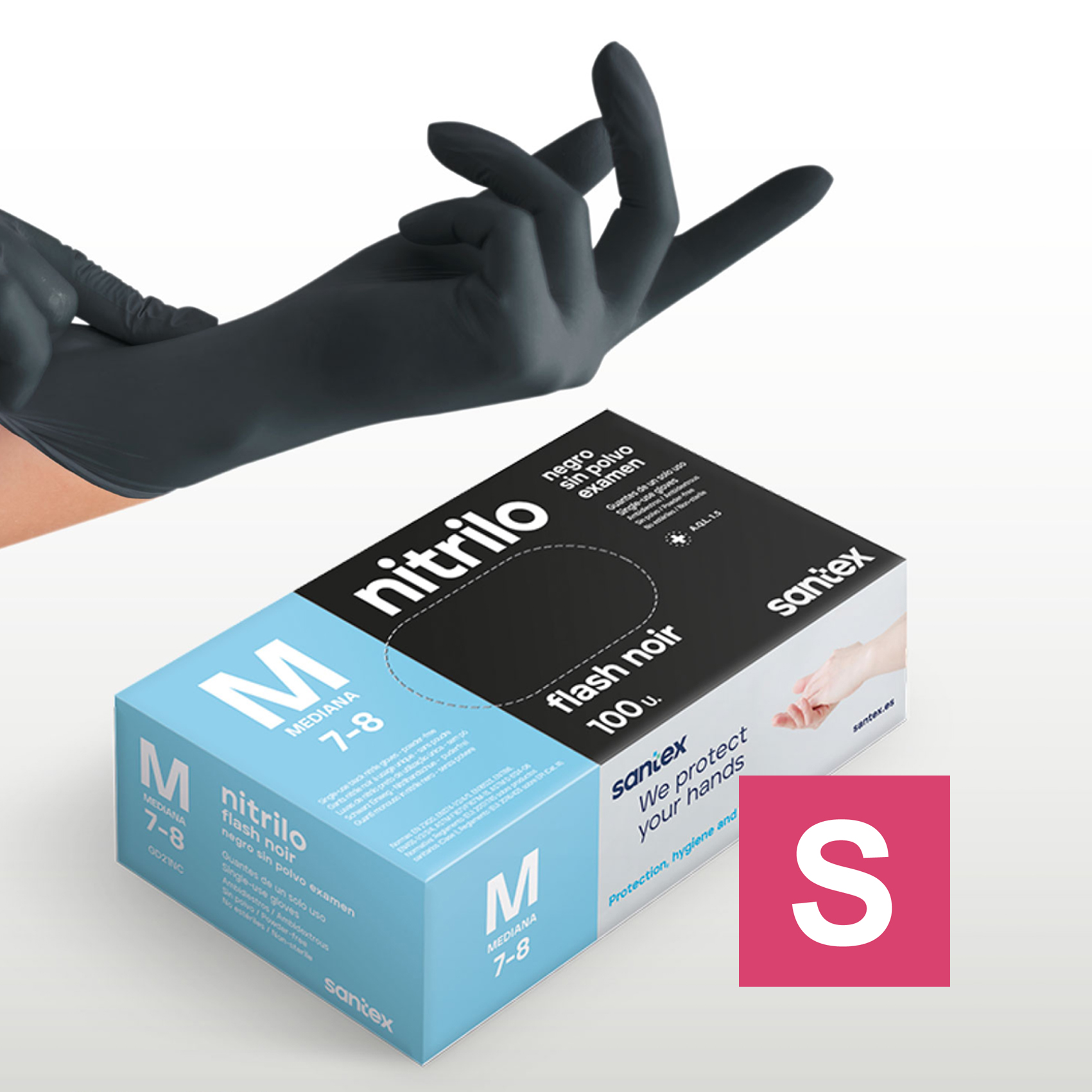 Guantes de Nitrilo sin polvo Flash Noir Santex - Talla S, M, L, XL ( CAJA DE 100 UNIDADES )