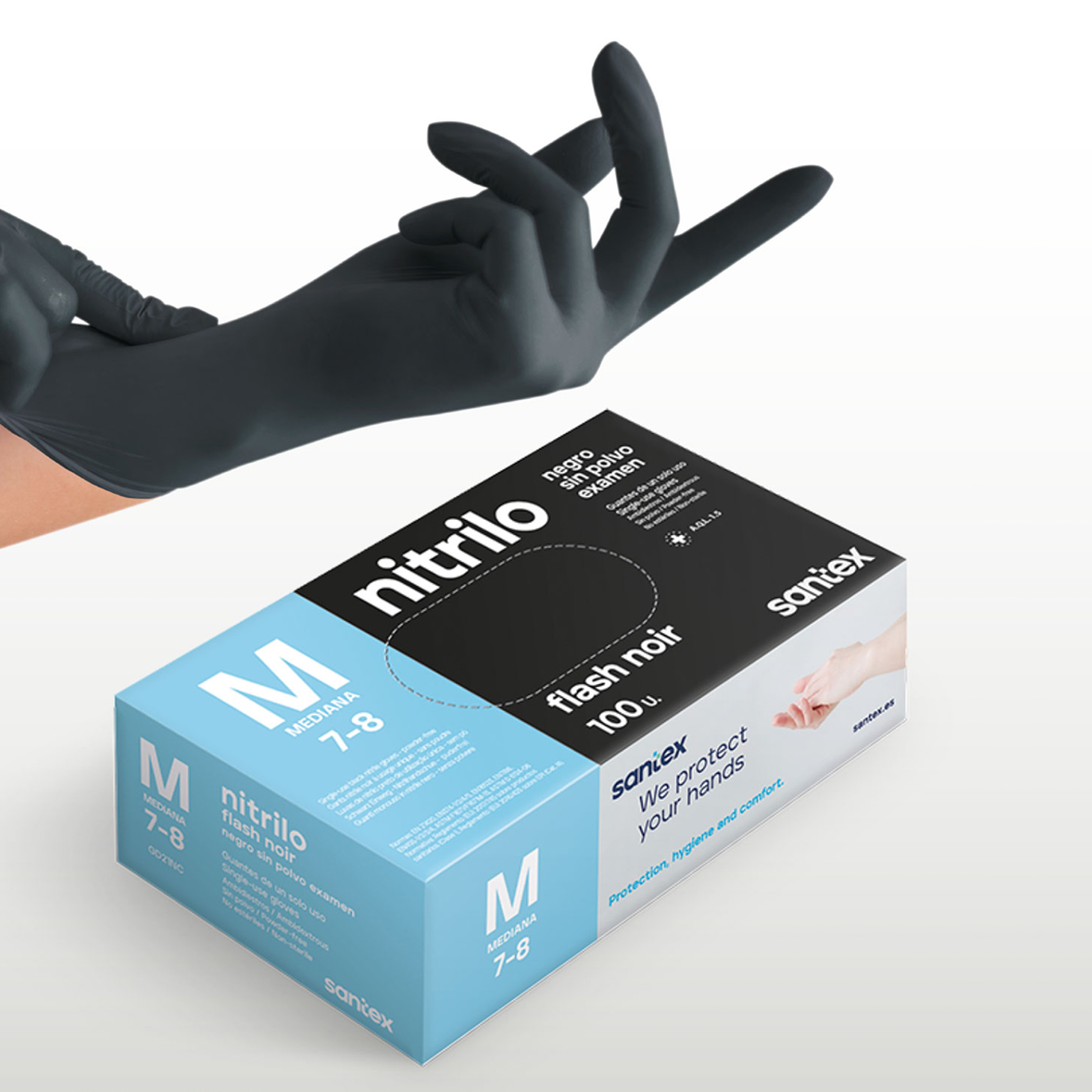 Guantes de Nitrilo sin polvo Flash Noir Santex - Talla S, M, L, XL ( CAJA DE 100 UNIDADES )