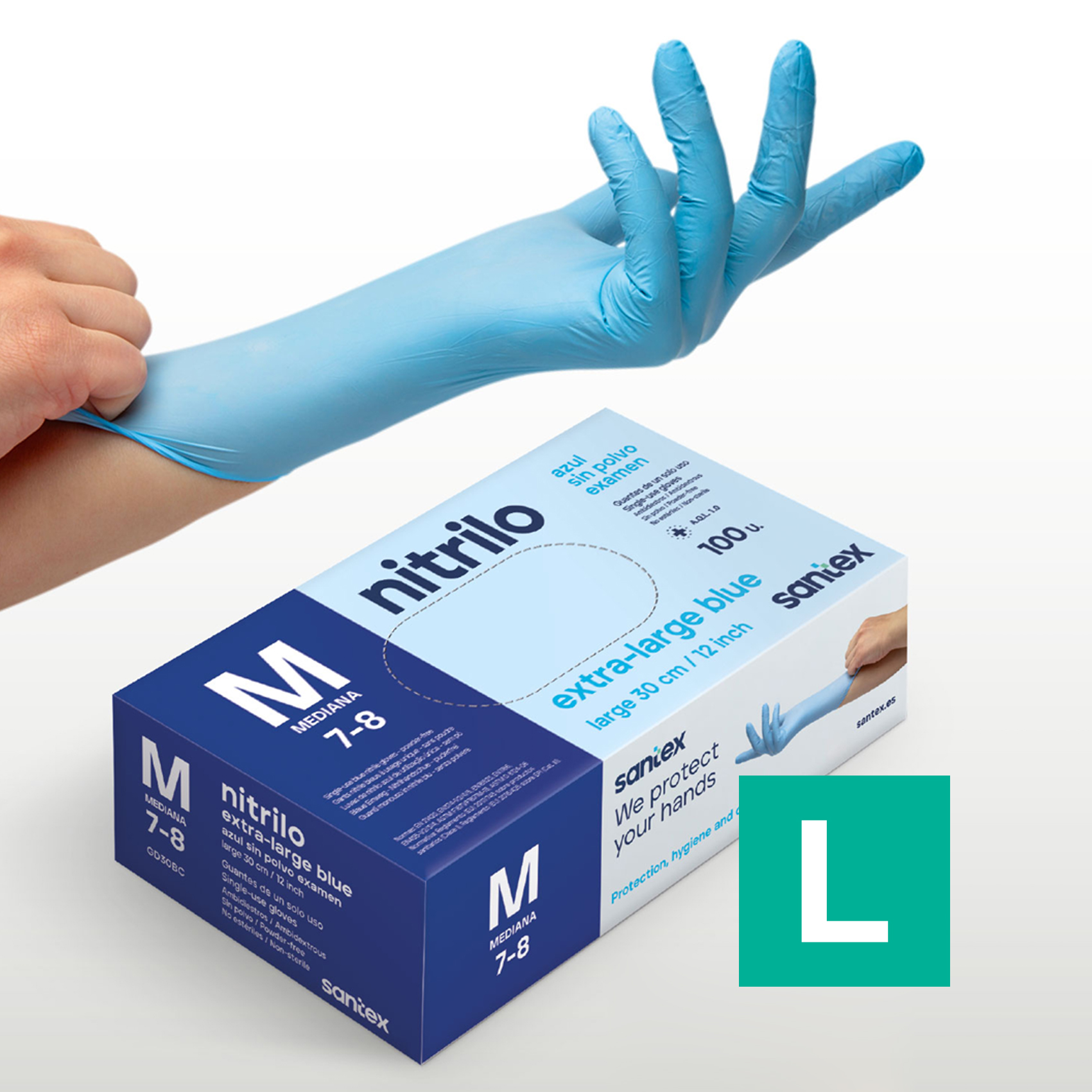 Guantes de Nitrilo sin polvo Extra Largo 30cm Santex - Talla S, M, L, XL ( CAJA DE 100 UNIDADES )