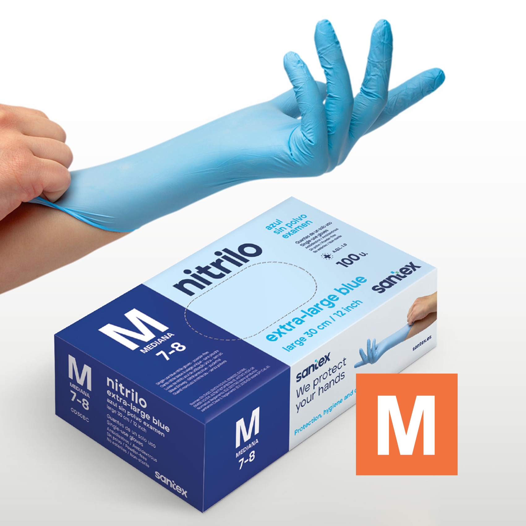 Guantes de Nitrilo sin polvo Extra Largo 30cm Santex - Talla S, M, L, XL ( CAJA DE 100 UNIDADES )