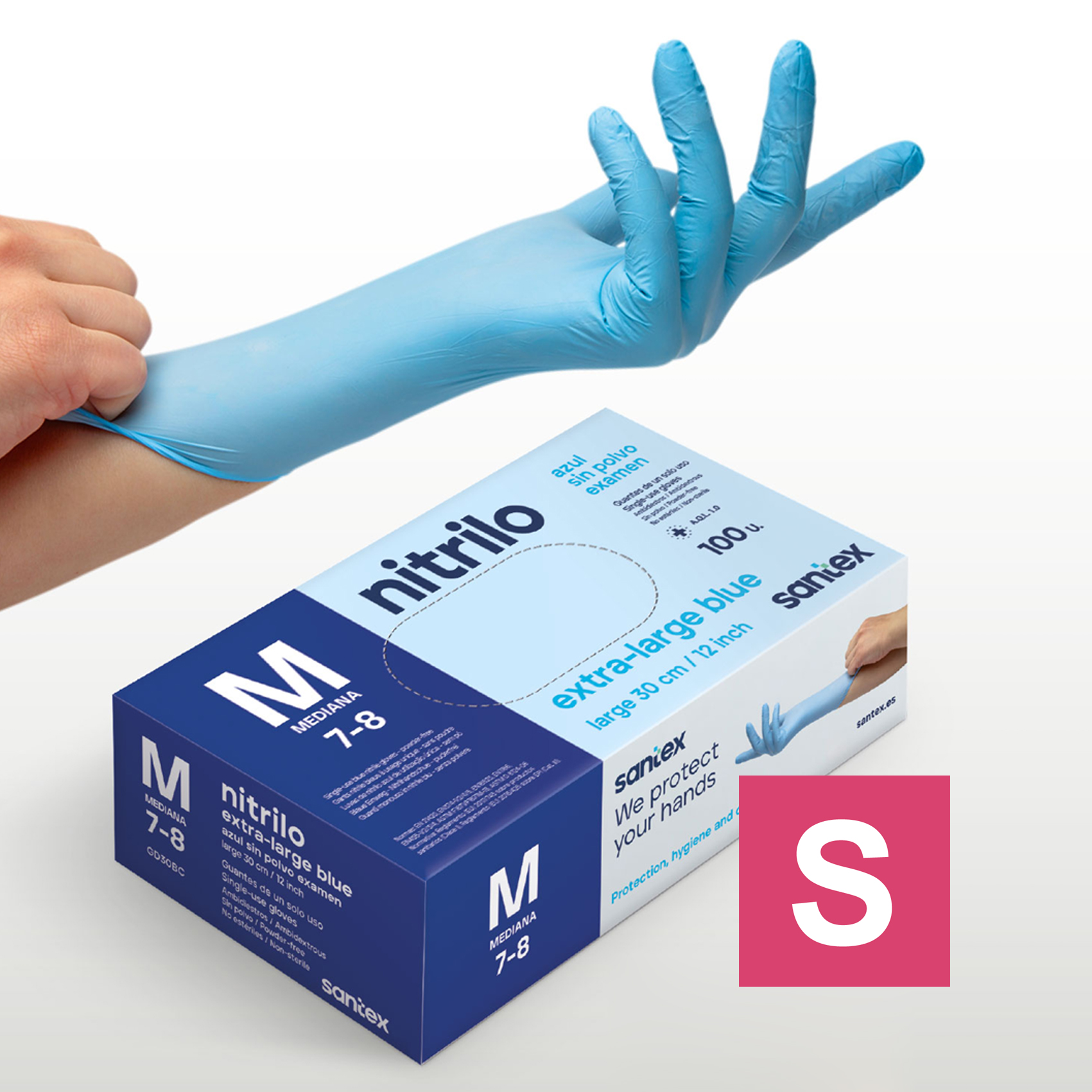 Guantes de Nitrilo sin polvo Extra Largo 30cm Santex - Talla S, M, L, XL ( CAJA DE 100 UNIDADES )