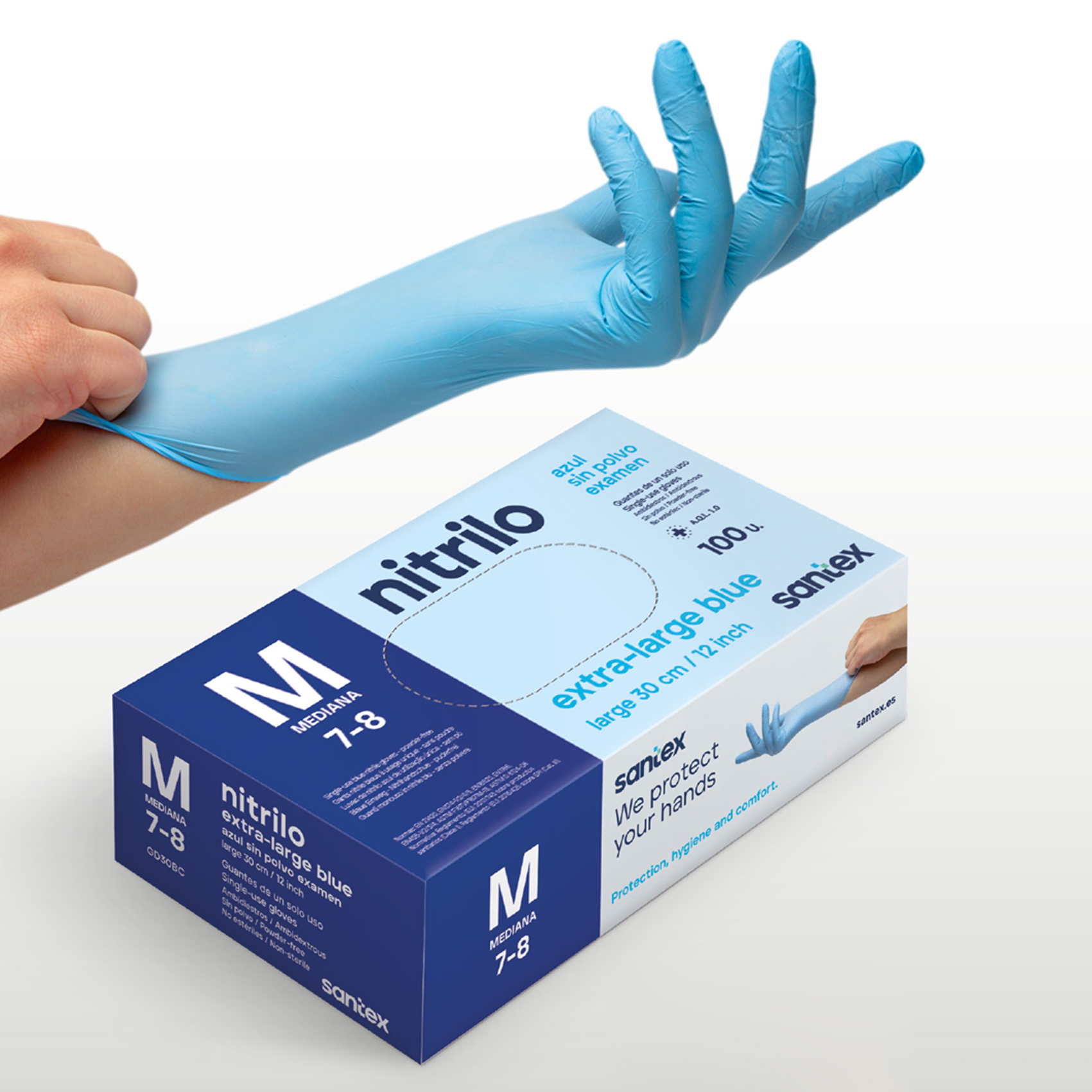 Guantes de Nitrilo sin polvo Extra Largo 30cm Santex - Talla S, M, L, XL ( CAJA DE 100 UNIDADES )
