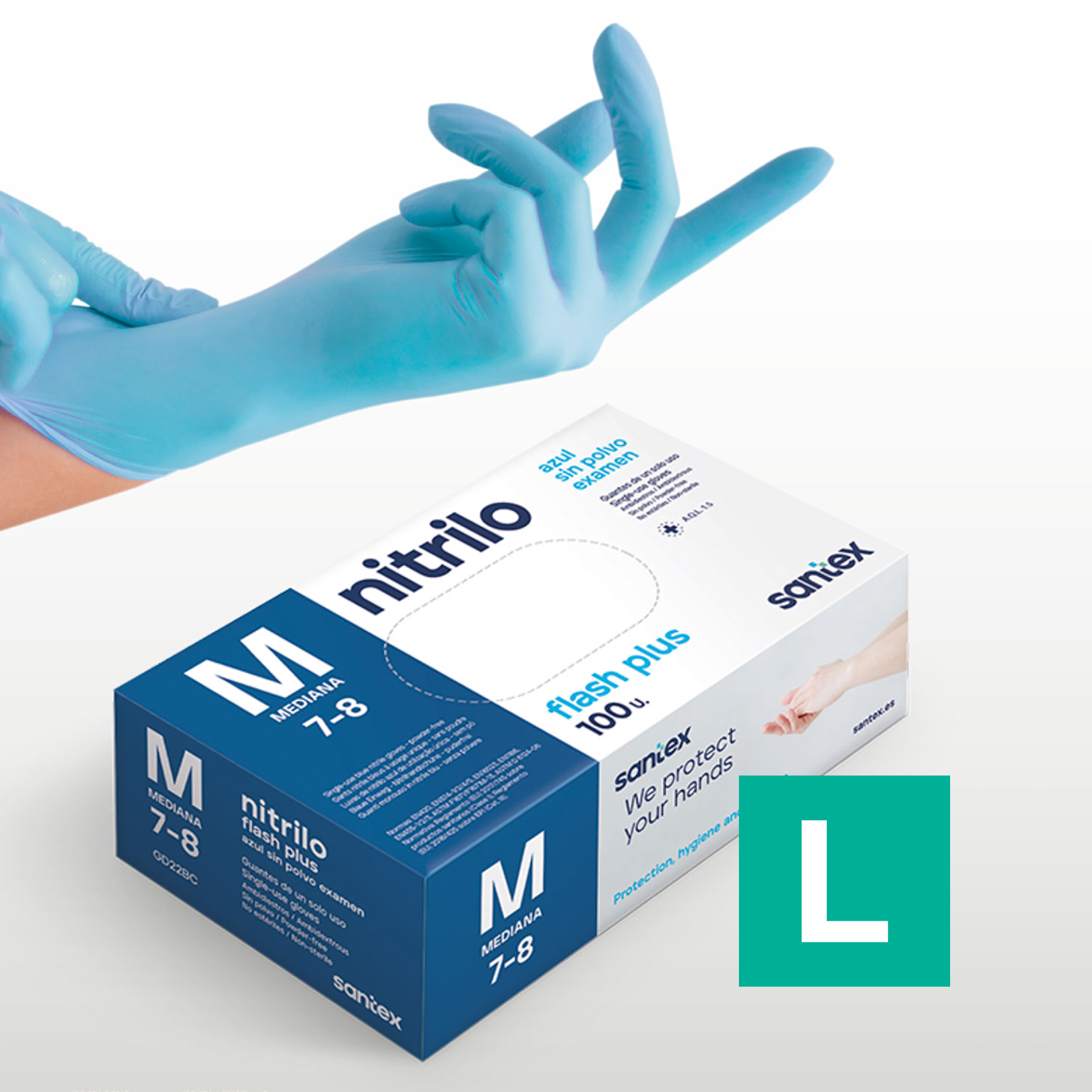 Guantes de Nitrilo sin polvo Flash Plus Santex - Talla S, M, L, XL ( CAJA DE 100 UNIDADES )