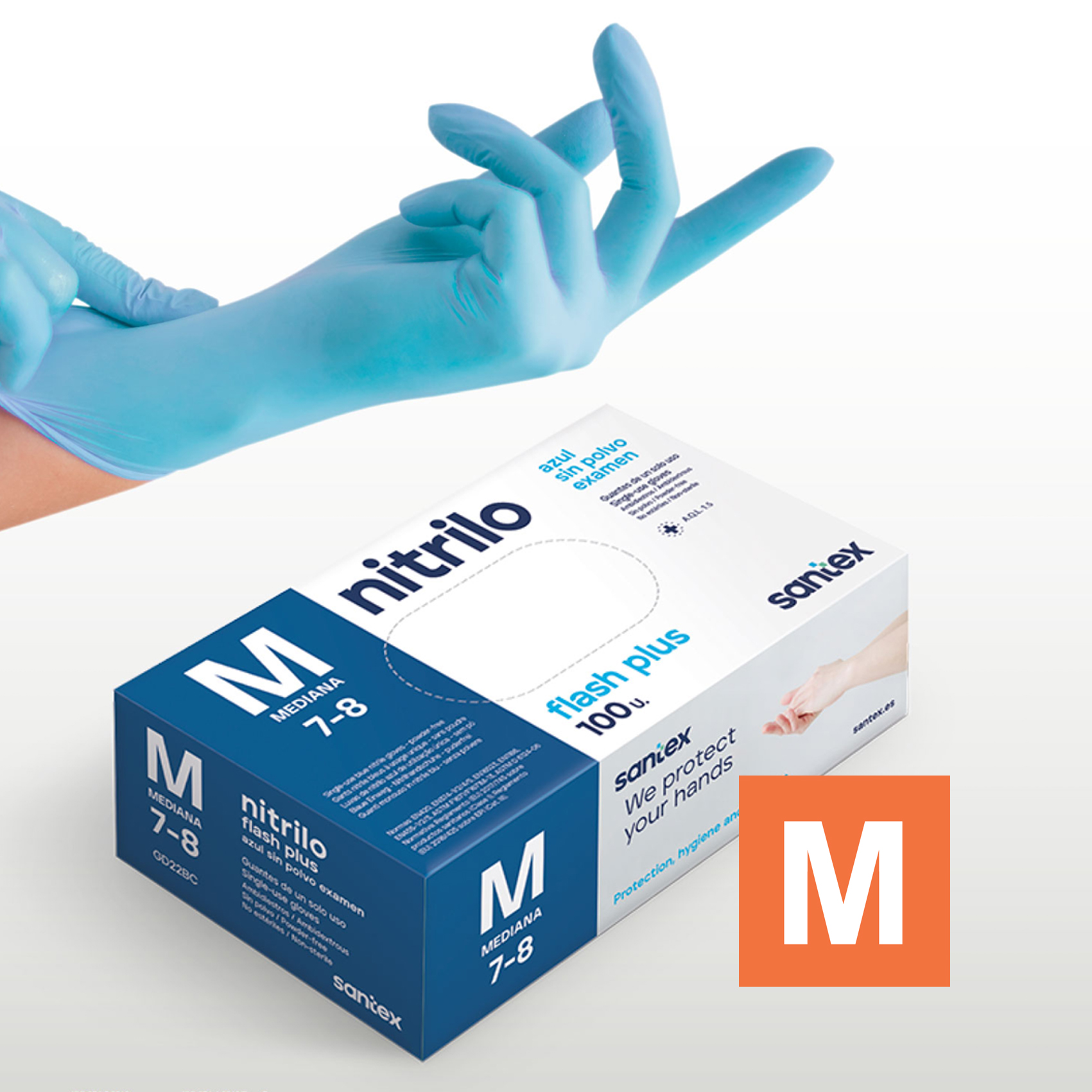Guantes de Nitrilo sin polvo Flash Plus Santex - Talla S, M, L, XL ( CAJA DE 100 UNIDADES )