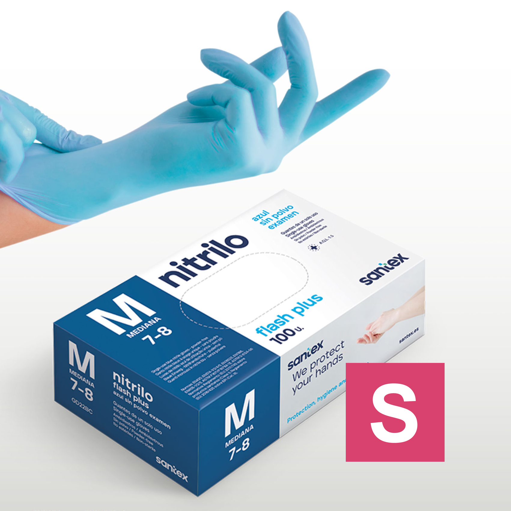 Guantes de Nitrilo sin polvo Flash Plus Santex - Talla S, M, L, XL ( CAJA DE 100 UNIDADES )