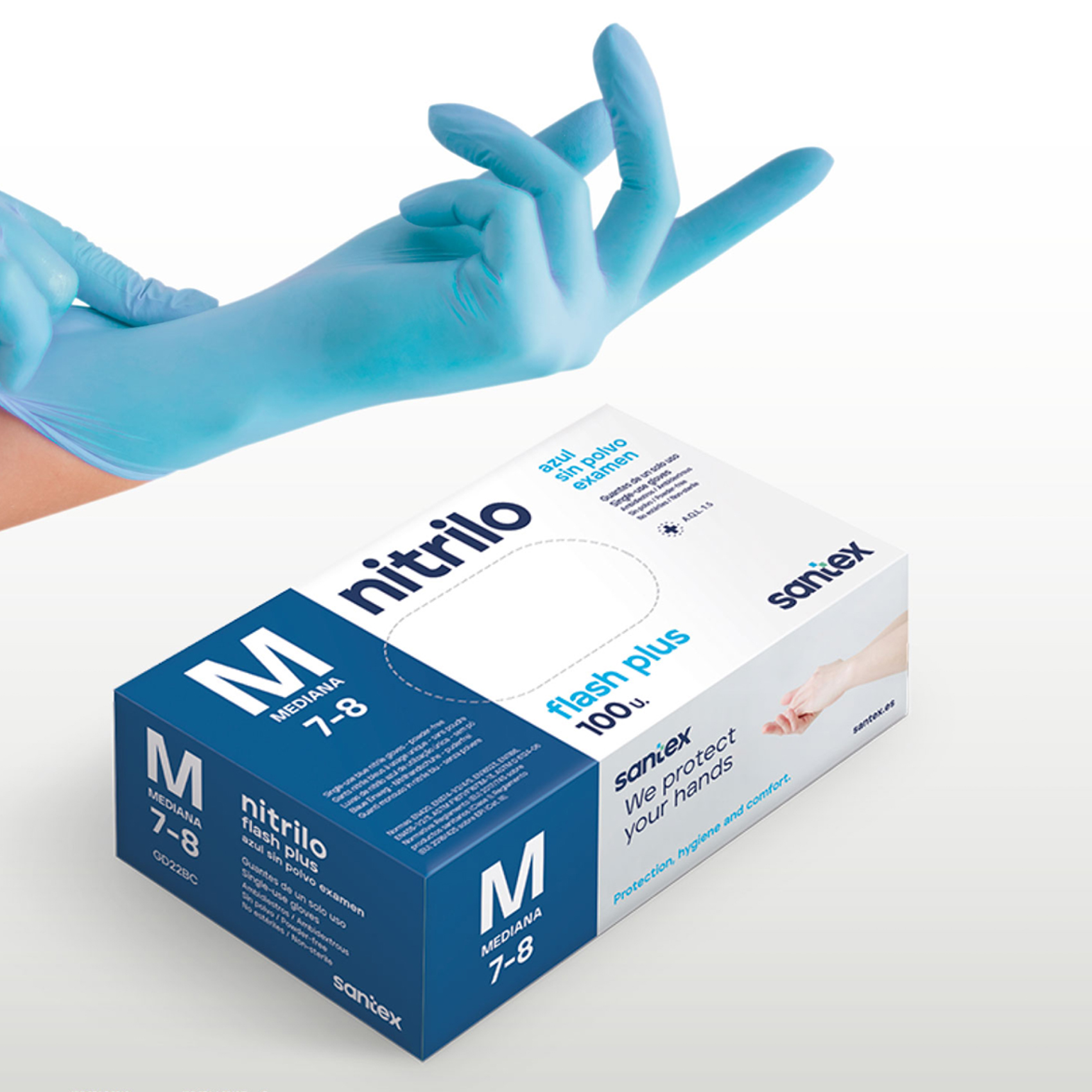 Guantes de Nitrilo sin polvo Flash Plus Santex - Talla S, M, L, XL ( CAJA DE 100 UNIDADES )