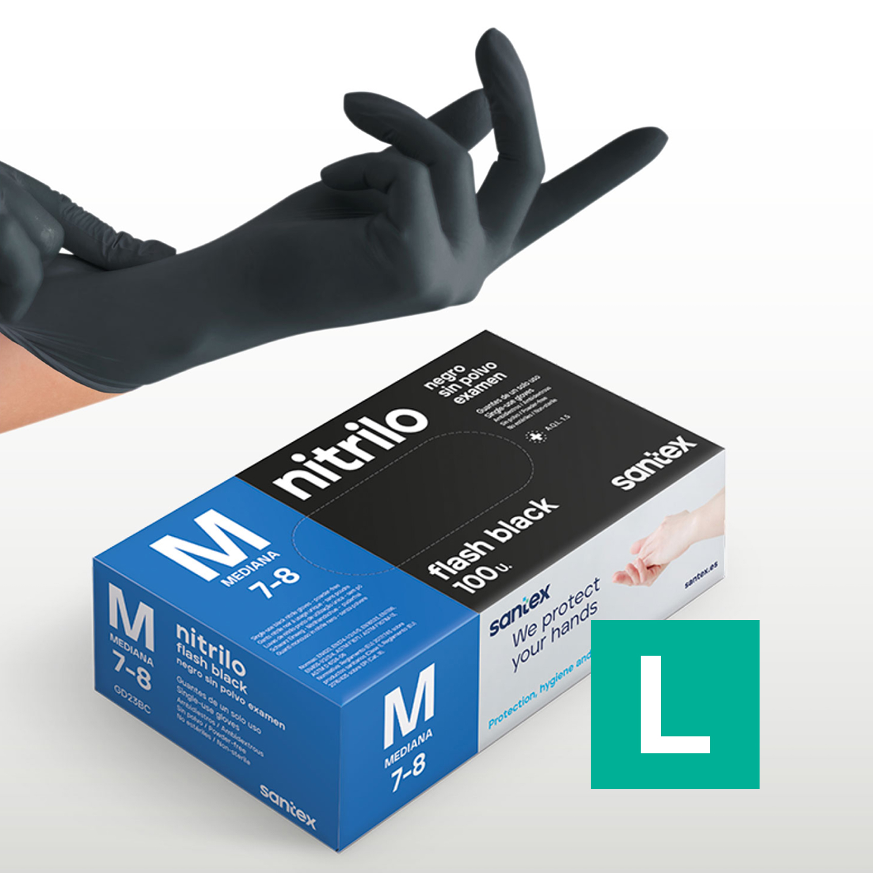 Guantes de Nitrilo sin polvo Flash Black Santex - Talla S, M, L, XL ( CAJA DE 100 UNIDADES)