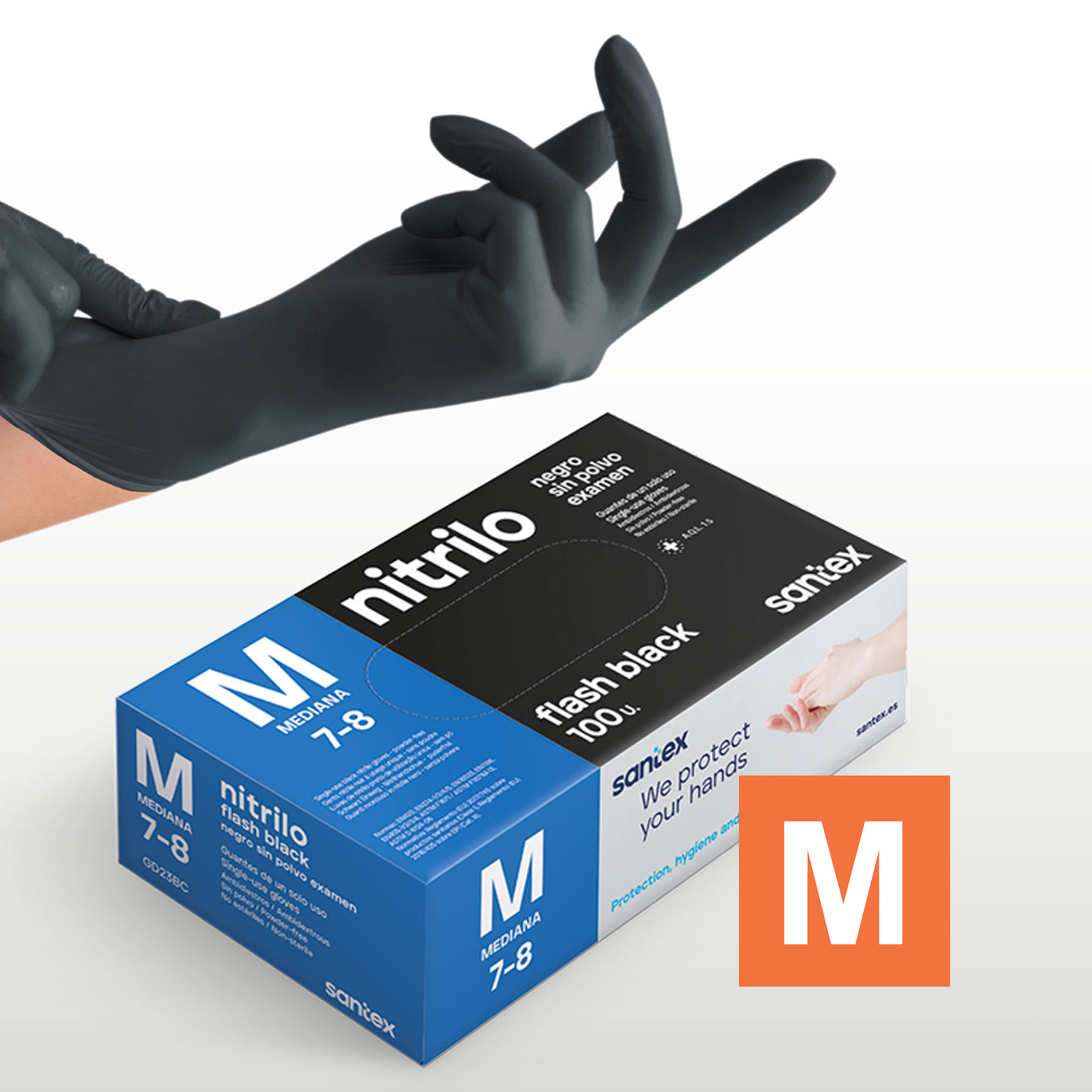 Guantes de Nitrilo sin polvo Flash Black Santex - Talla S, M, L, XL ( CAJA DE 100 UNIDADES)
