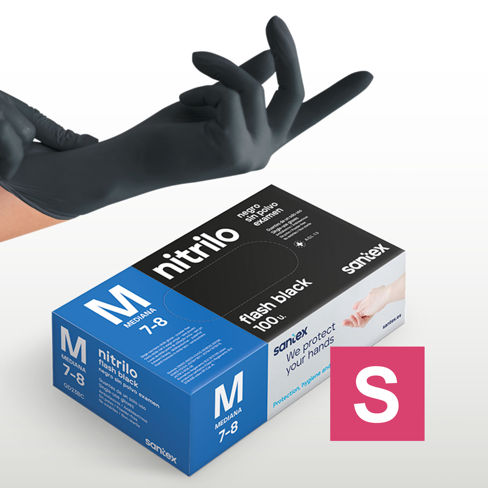 Guantes de Nitrilo sin polvo Flash Black Santex - Talla S, M, L, XL ( CAJA DE 100 UNIDADES)