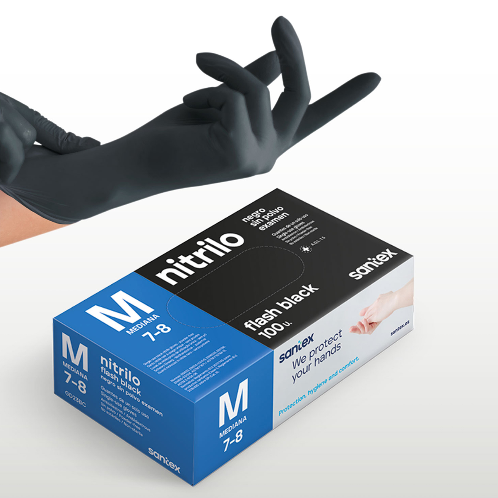 Guantes de Nitrilo sin polvo Flash Black Santex - Talla S, M, L, XL ( CAJA DE 100 UNIDADES)