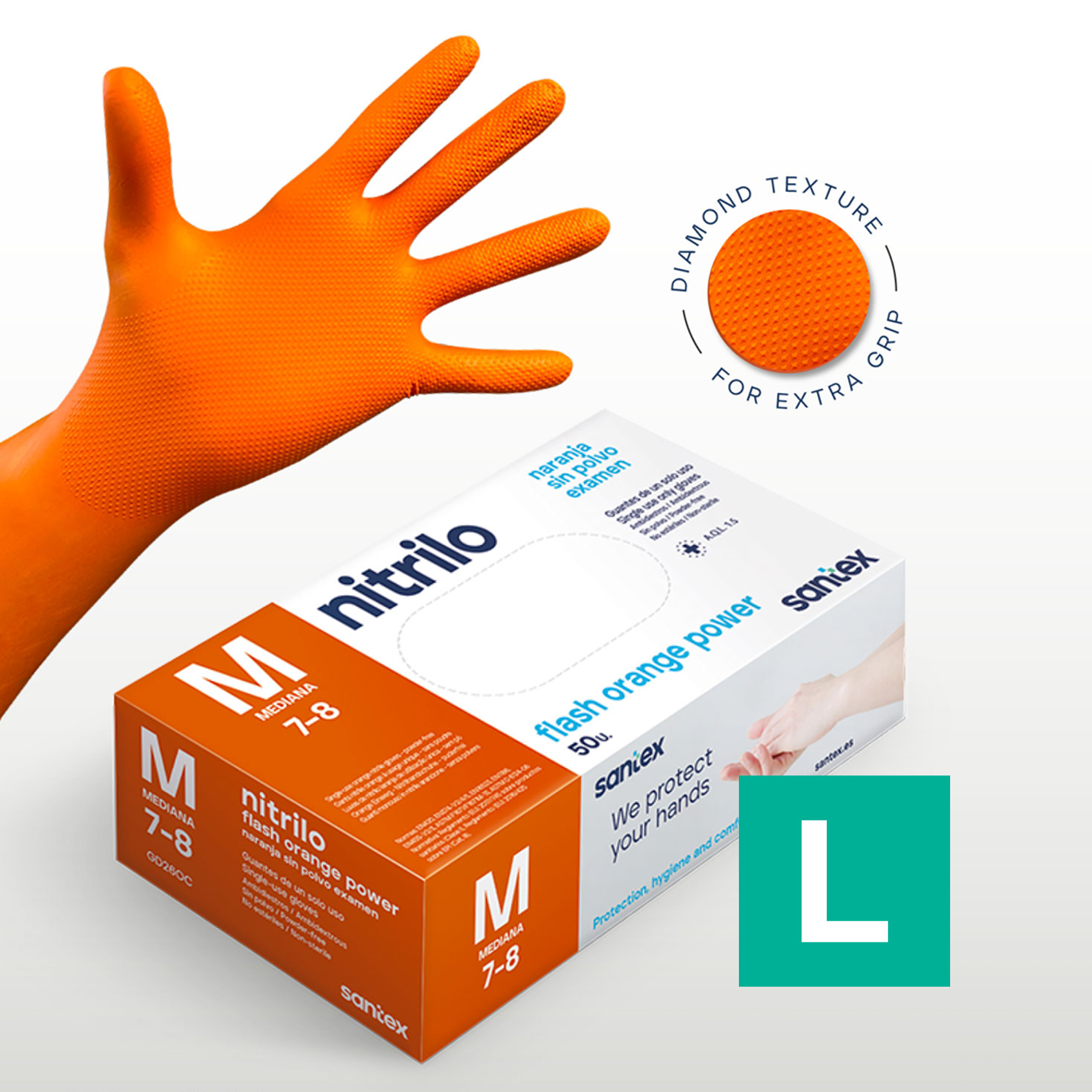 Guantes de Nitrilo sin polvo Flash Orange Power Doble Diamantado Santex - Talla M, L, XL ( CAJA DE 50 UNIDADES)