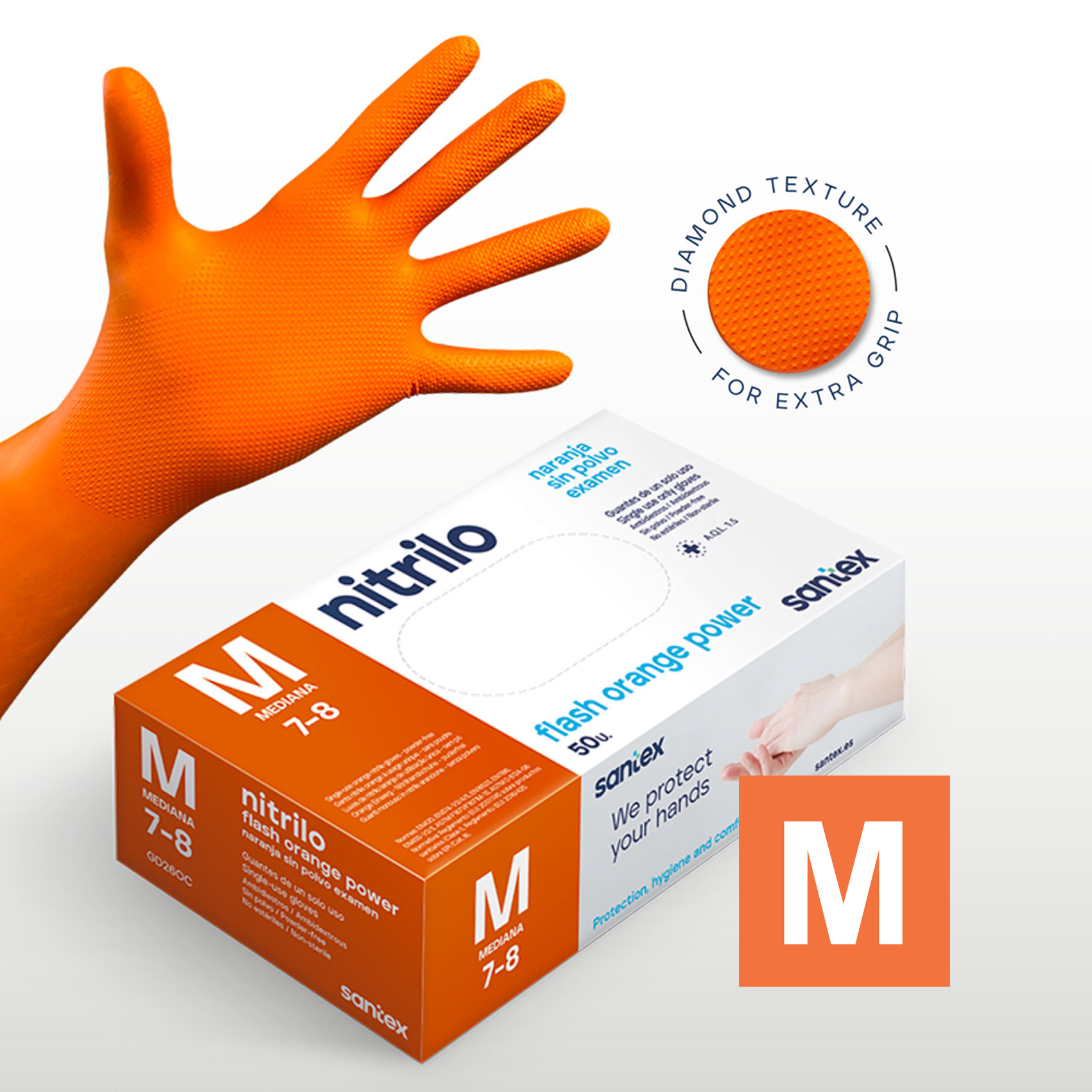Guantes de Nitrilo sin polvo Flash Orange Power Doble Diamantado Santex - Talla M, L, XL ( CAJA DE 50 UNIDADES)