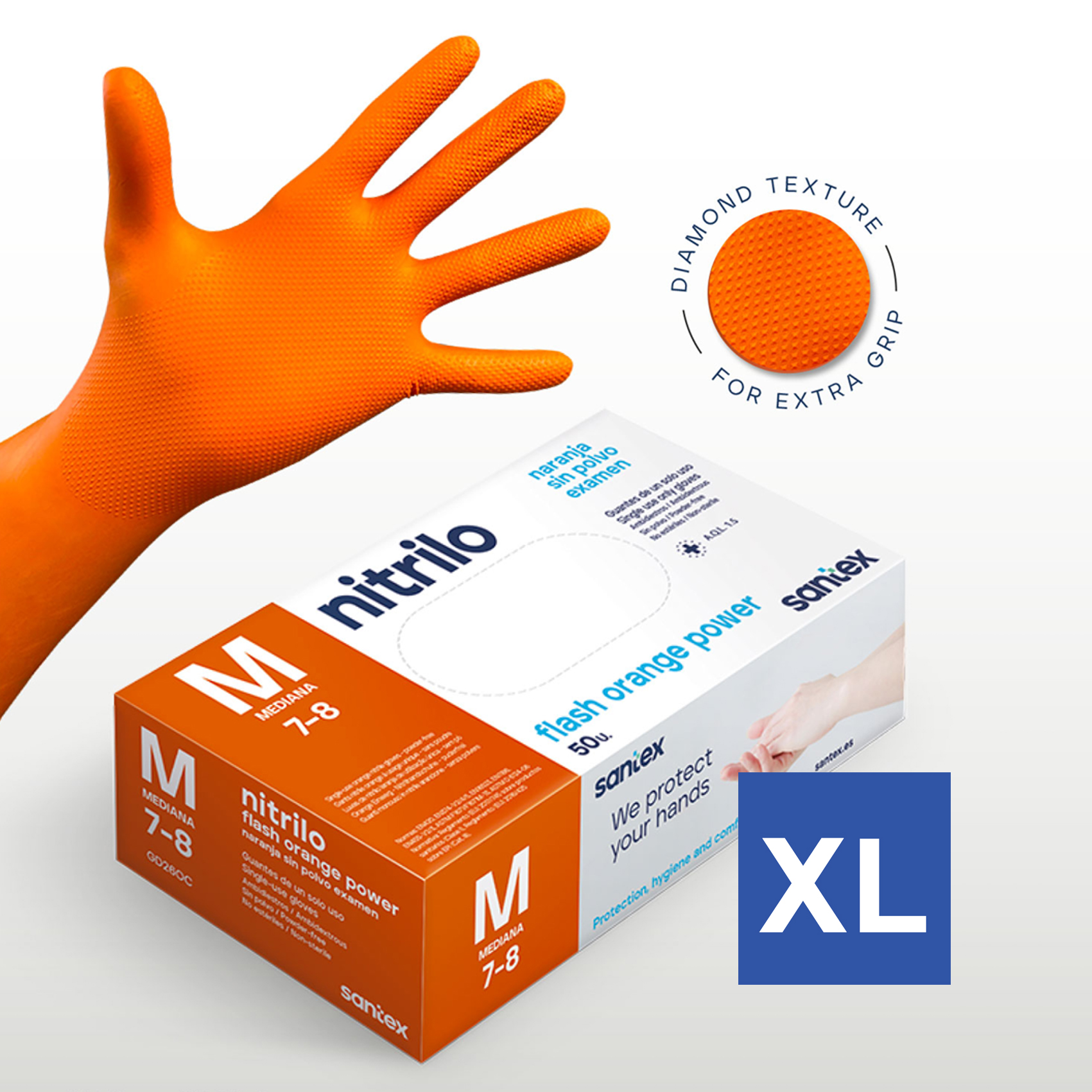 Guantes de Nitrilo sin polvo Flash Orange Power Doble Diamantado Santex - Talla M, L, XL ( CAJA DE 50 UNIDADES)