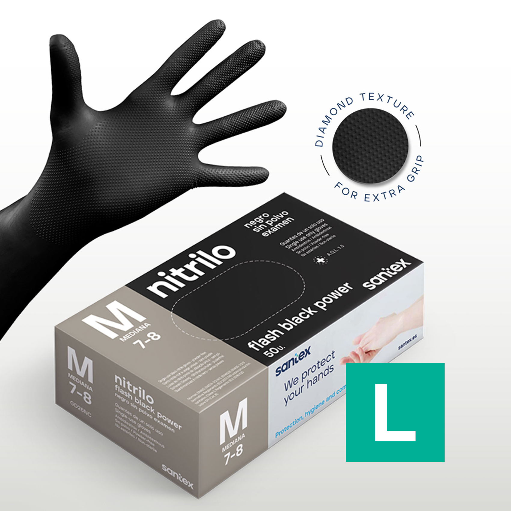 Guantes de Nitrilo sin polvo Flash Black Power Doble Diamantado Santex - Talla M, L, XL ( CAJA 50 UNIDADES )