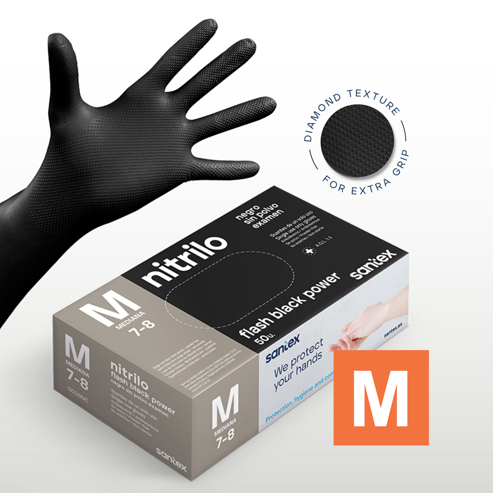 Guantes de Nitrilo sin polvo Flash Black Power Doble Diamantado Santex - Talla M, L, XL ( CAJA 50 UNIDADES )