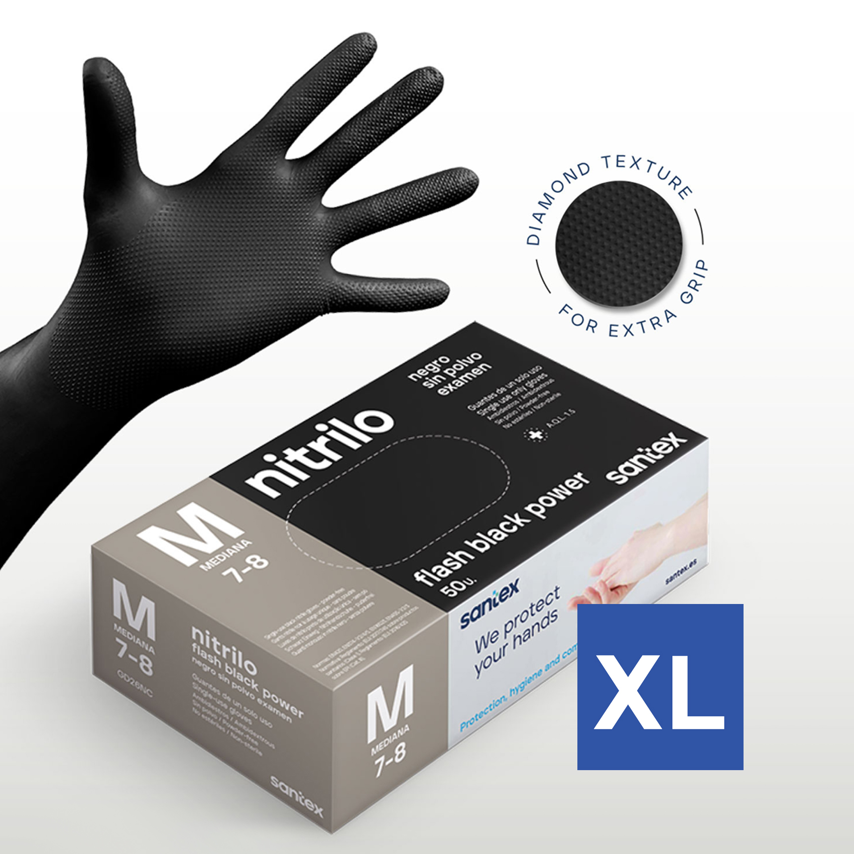 Guantes de Nitrilo sin polvo Flash Black Power Doble Diamantado Santex - Talla M, L, XL ( CAJA 50 UNIDADES )