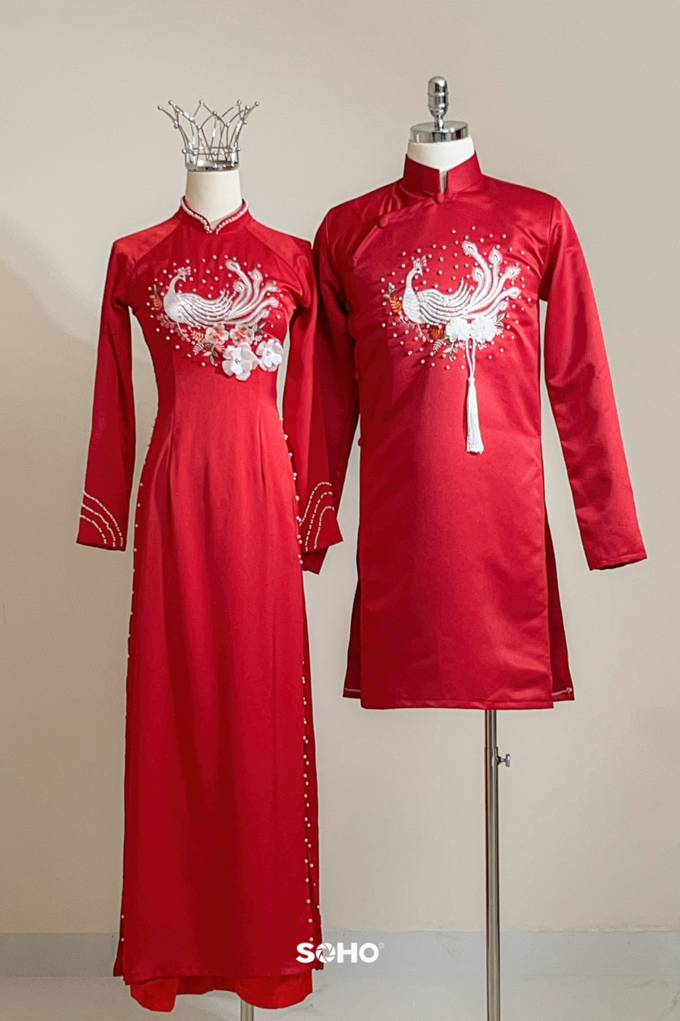 Áo Dài Lụa Đỏ Thêu Phụng Hoàng