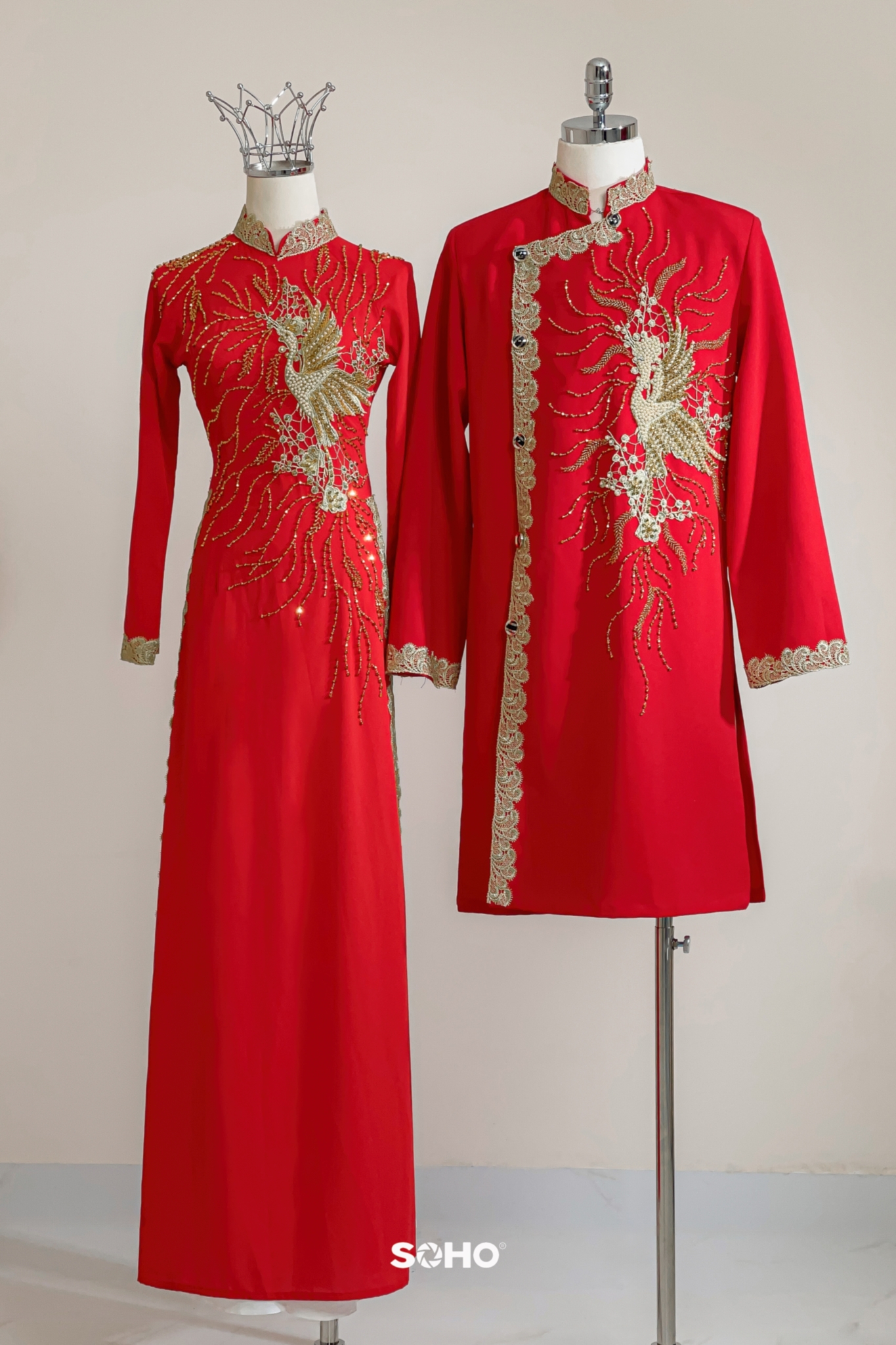 Áo Dài Lụa Đỏ Thêu Phụng Hoàng Vàng