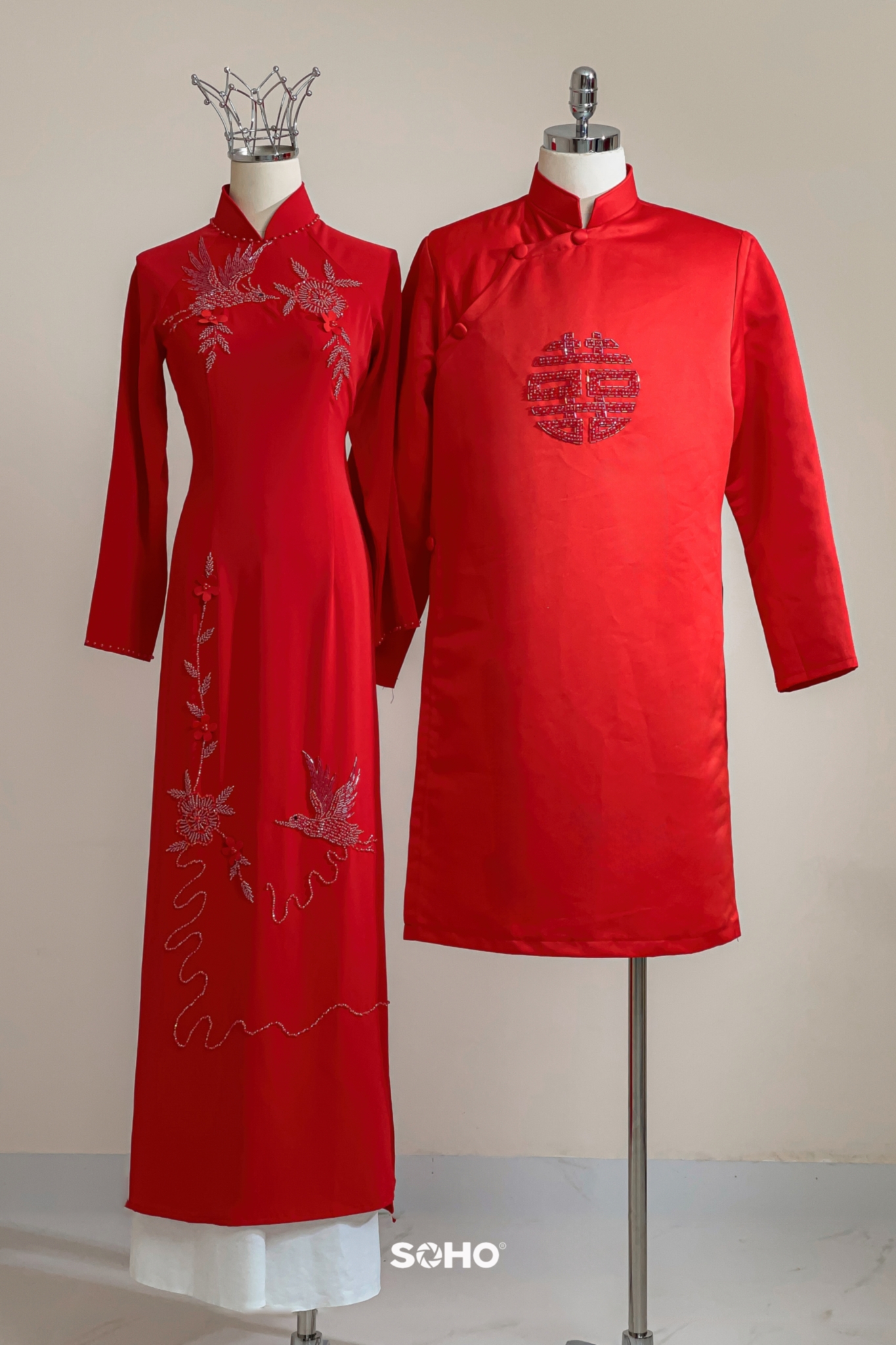 Áo Dài Lụa Đỏ Thêu Hoa Phụng Hoàng 