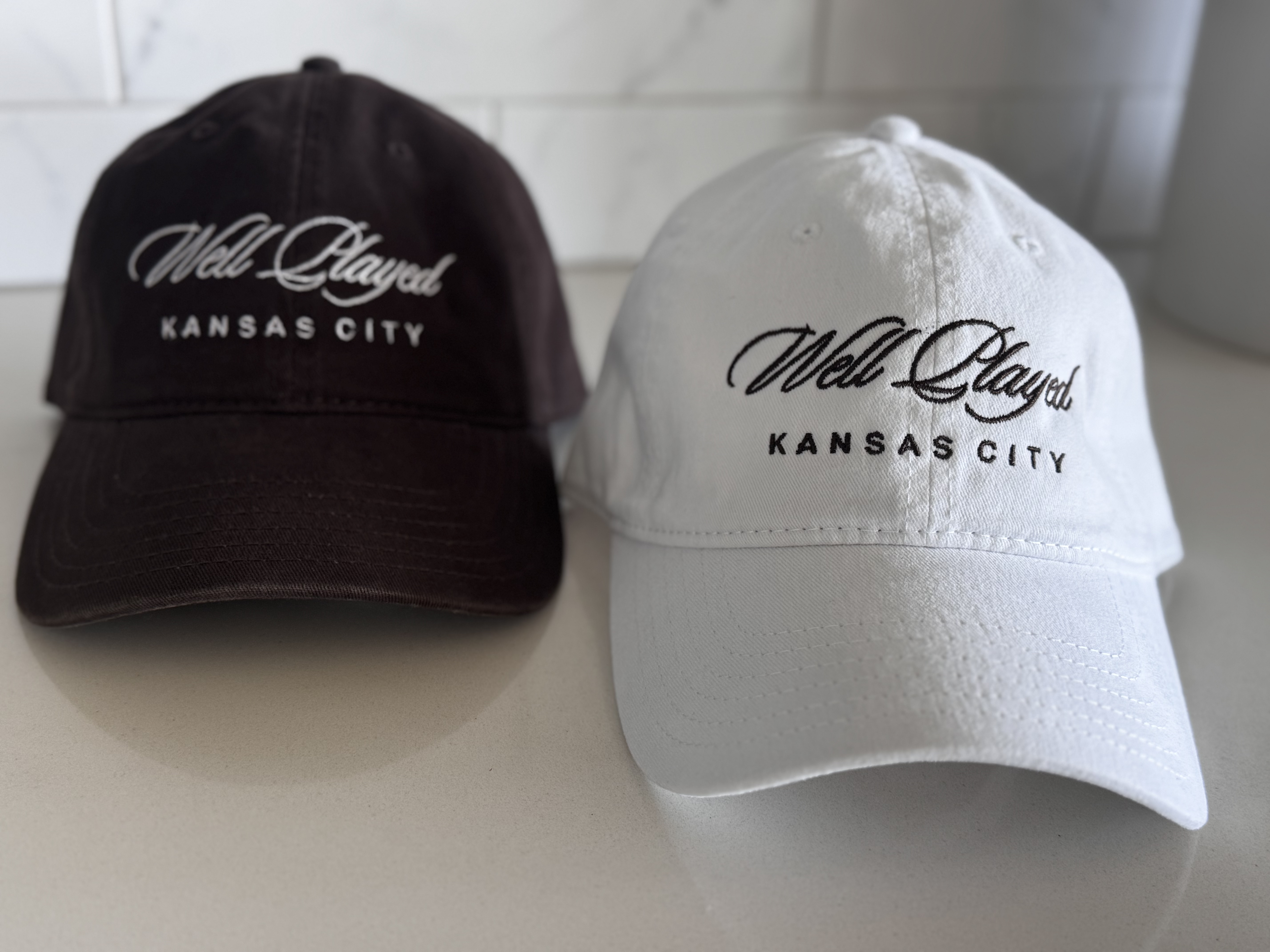 Mocha and White Script Hats