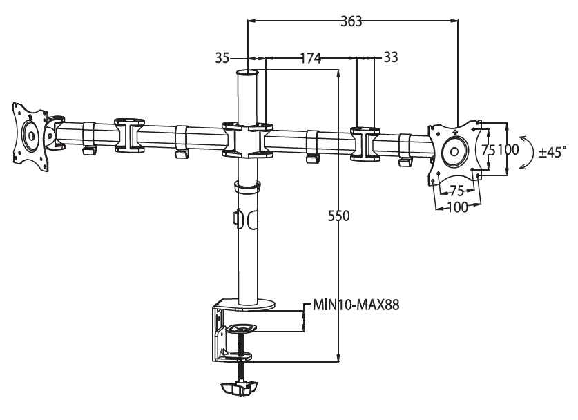 Montaje de Escritorio articulado para 2 monitores de 13 a 27" / Soporta hasta 10 kg / Vesa 75 x 75 / 100 x 100 / Acero / Giro: 360°