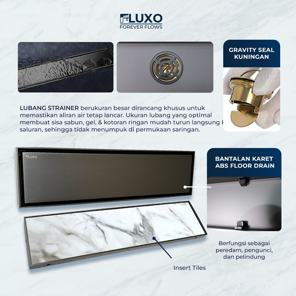 FLUXO Floor Drain Panjang Linear Lubang Samping SUS 304 Stainless Steel Premium Saringan Got kamar mandi Anti Bau Serangga