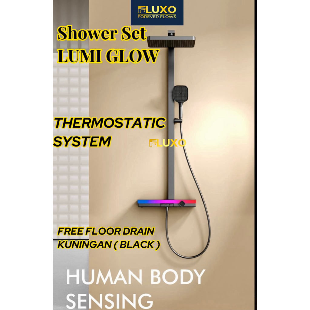 FLUXO Shower Tiang Set Kuningan Dengan Lampu Led Kran Air Panas Dingin Keran Mandi Shower Mixer